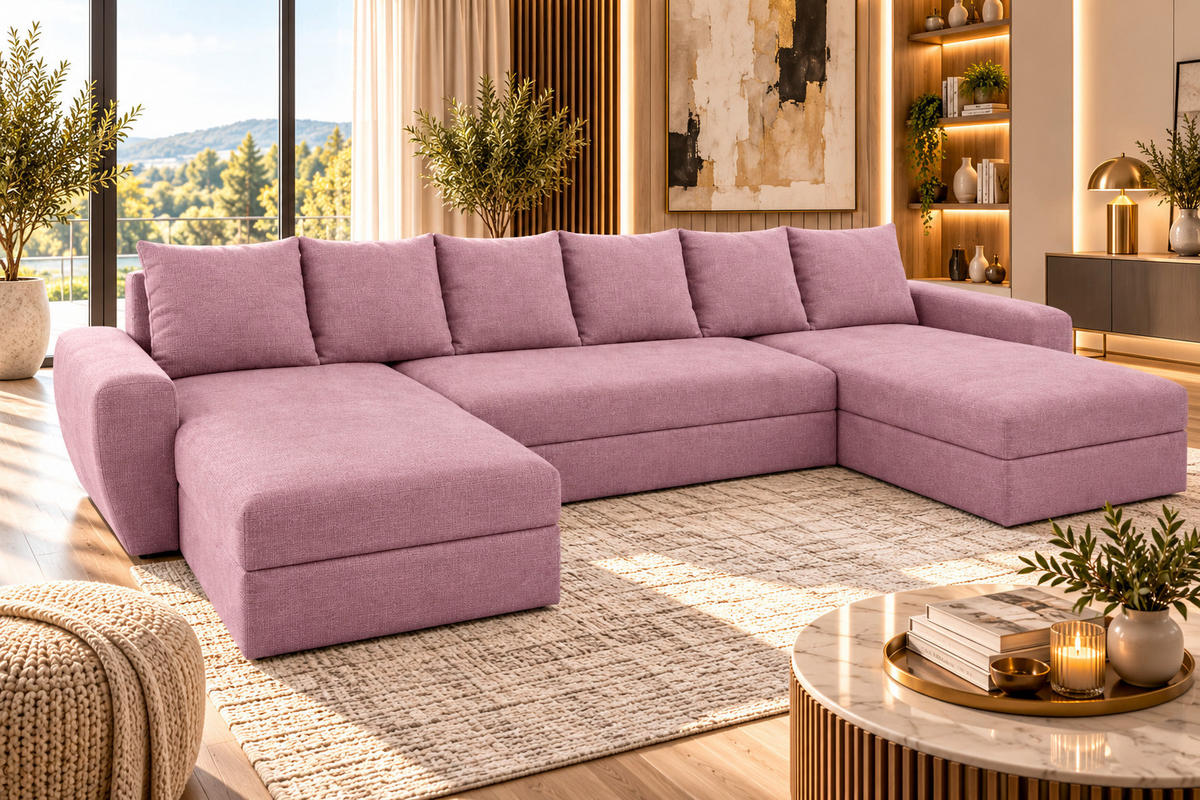 WOHNLANDSCHAFT PUMA U-Form 308 cm mit Schlaffunktion, Bettkasten, Kunstleder-Stoff oder Samt, verschiedene Farben - Schwarz/Rosa, Kunststoff (308/85/140cm) - Wohnideebilder