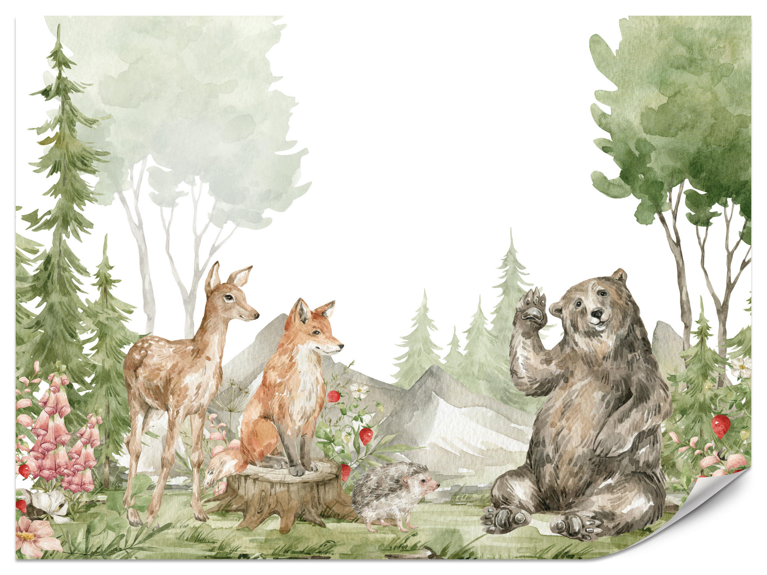 FOTOTAPETE für Kinderzimmer Aquarell Waldtiere Fuchs Reh Tragen 450x315 - Multicolor, Papier (450/315cm) - Muralo
