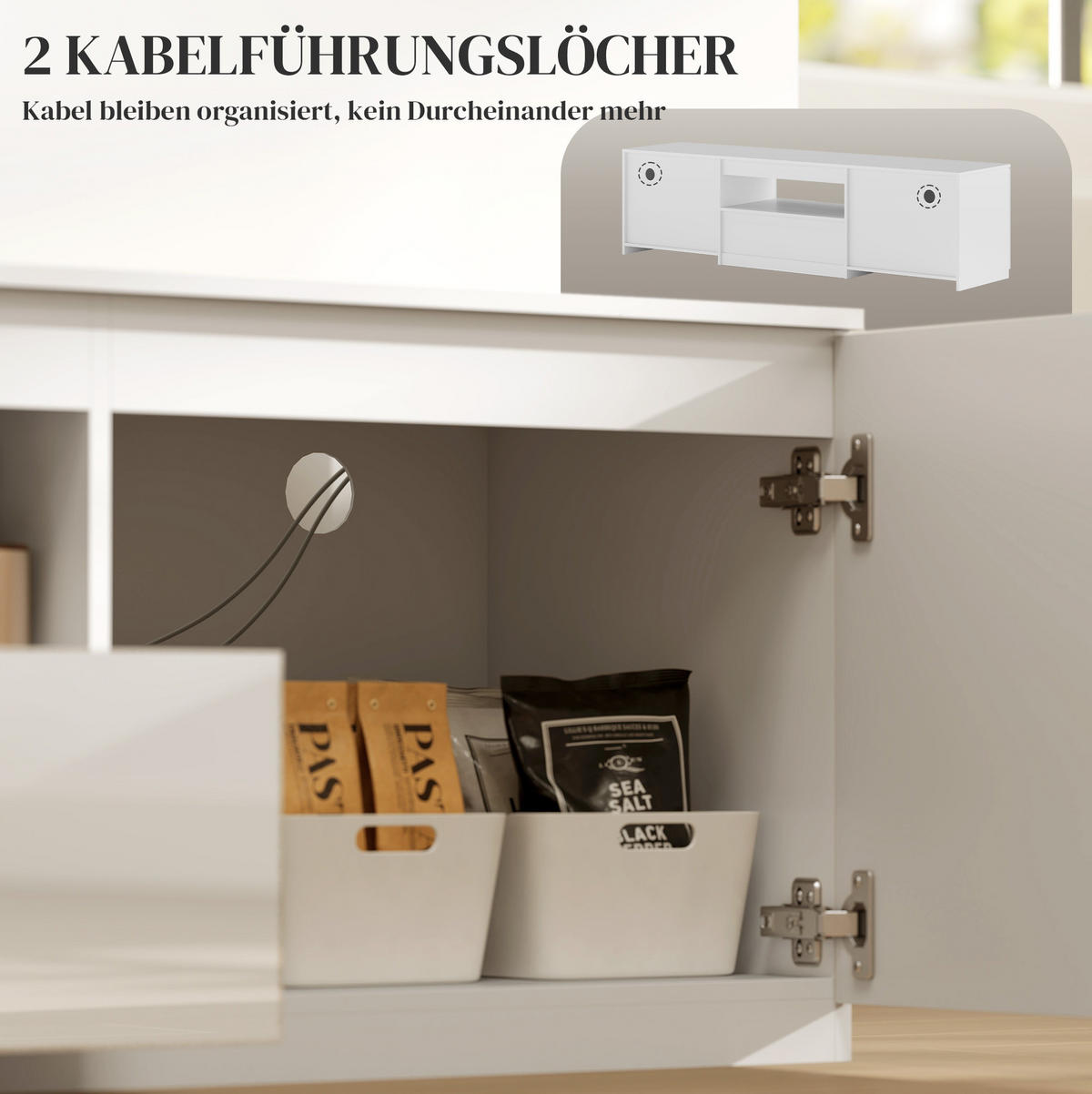 TV-LOWBOARD aus Holz 160x38x43 cm Weiß mit 2 Türen, Schublade und Kabelmanagement - Weiß, Holzwerkstoff (160/43/38cm) - IVMEU