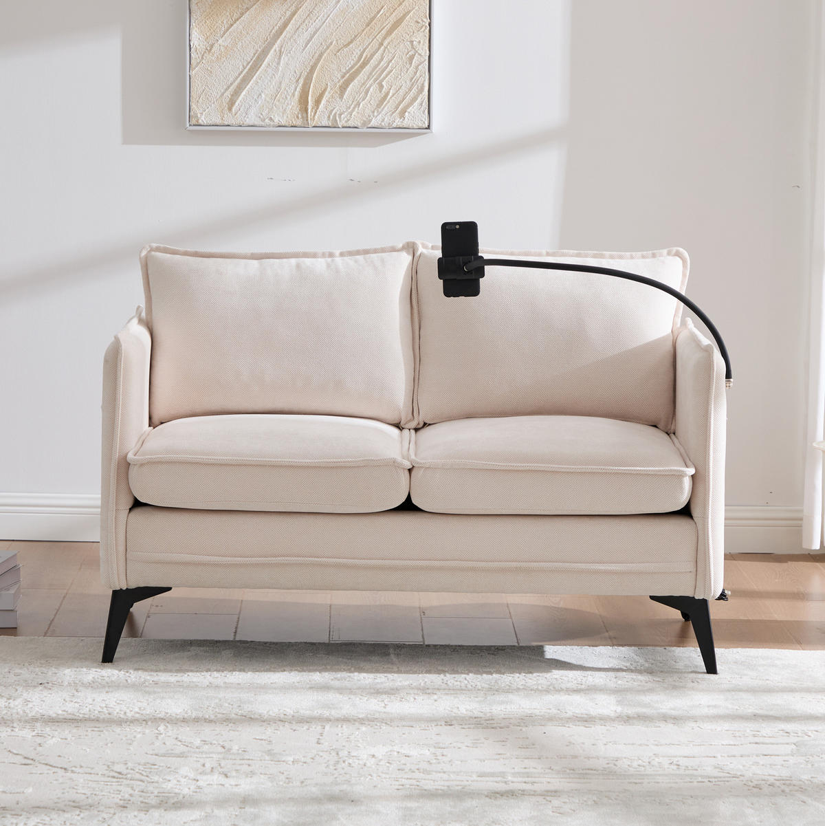 SOFA 2-Sitzer modernes Design mit Handy-Halterung Beige Chenille 127/69/66 cm - Beige, Textil (127/66/69cm) - OKWISH