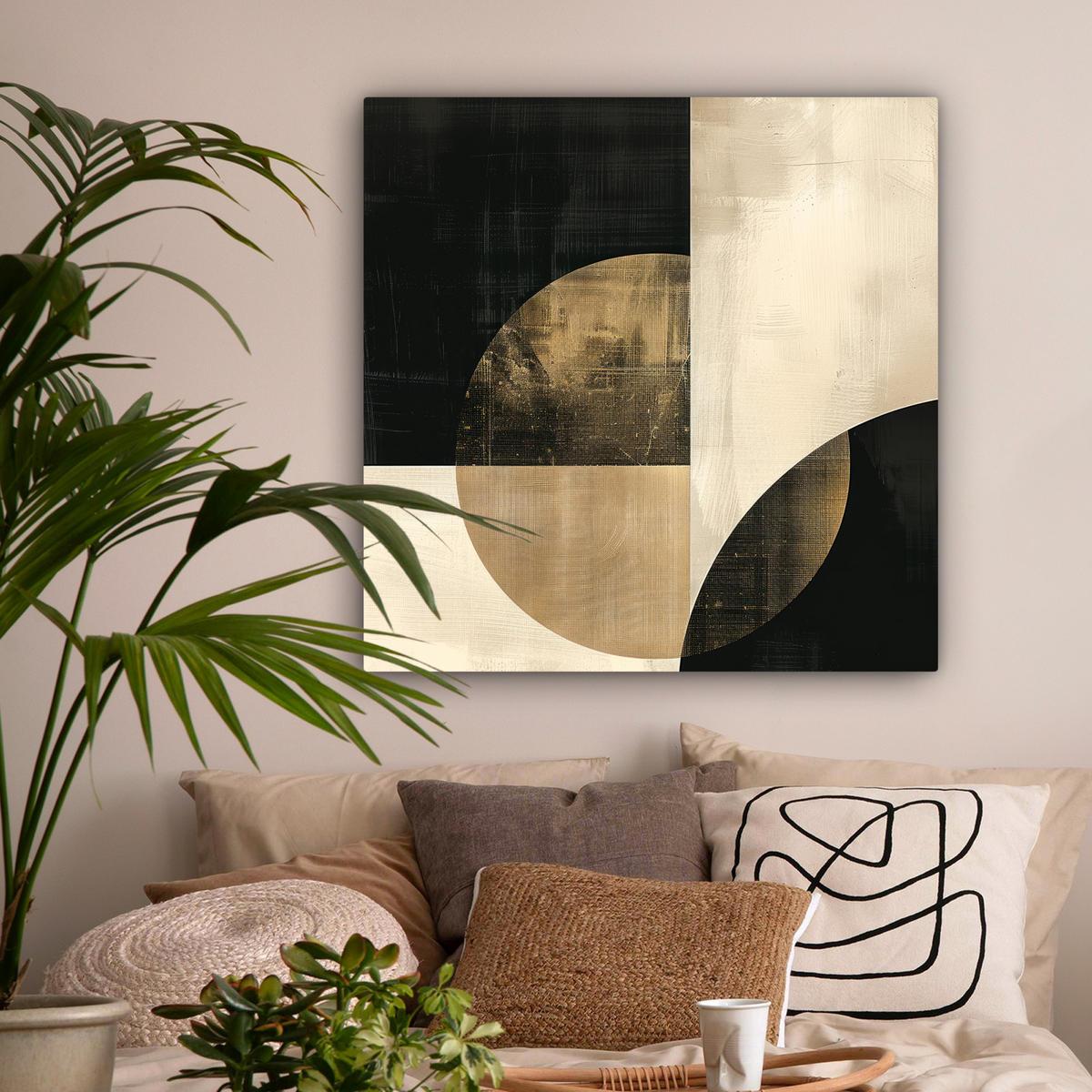 LEINWANDBILD Abstrakt - Geometrische Formen - Schwarz - Gold Deko Groß 90x90 cm - Ecru, Textil (90/90cm) - MuchoWow