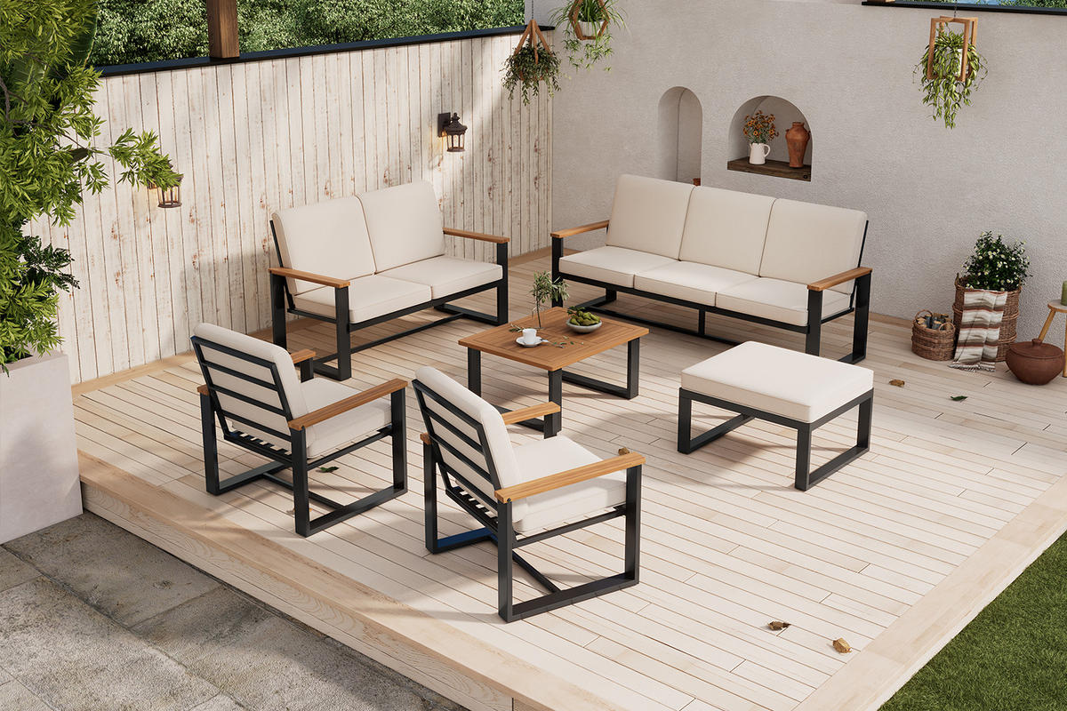 GARTENLOUNGE-SET 175/72/84 cm beige aus Polyester und Akazienholz mit Tisch und Hocker - Beige, Metall - OKWISH