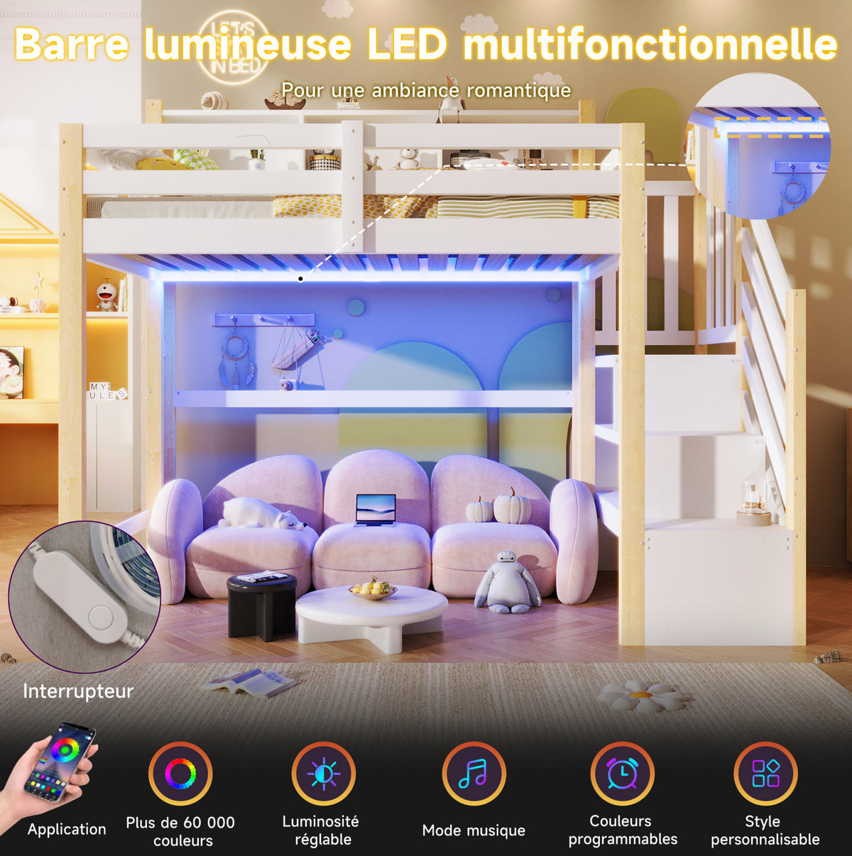 HOCHBETT 90/200 cm Weiß Natur mit LED, Stauraum ohne Matratze - Weiß, Holz (90/200cm) - MIVRAY