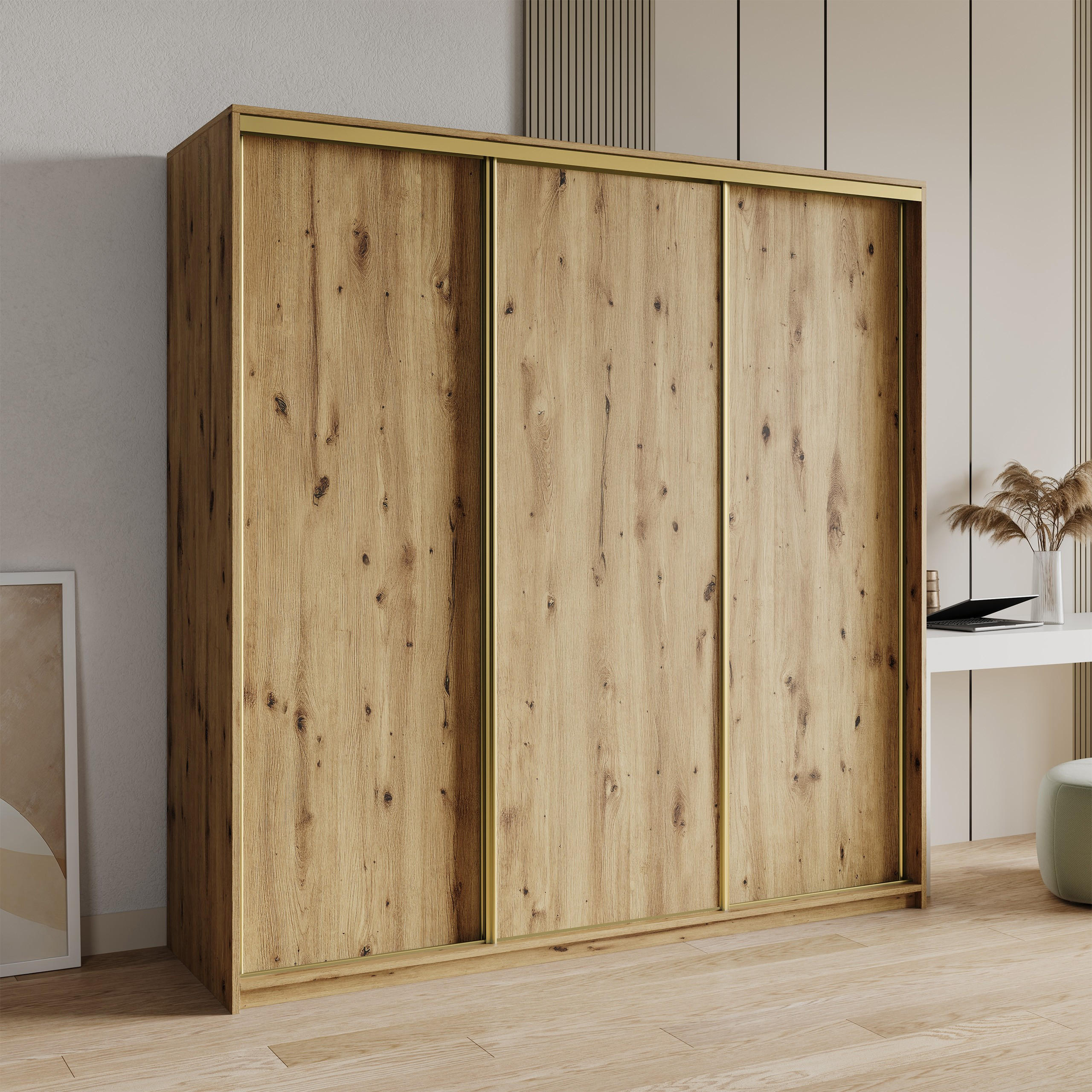 SCHWEBETÜRENSCHRANK NISSE 200/205/60 cm 3-türig Eiche Artisan - Eiche Artisan, Holzwerkstoff (200/205/60cm) - MASSENO