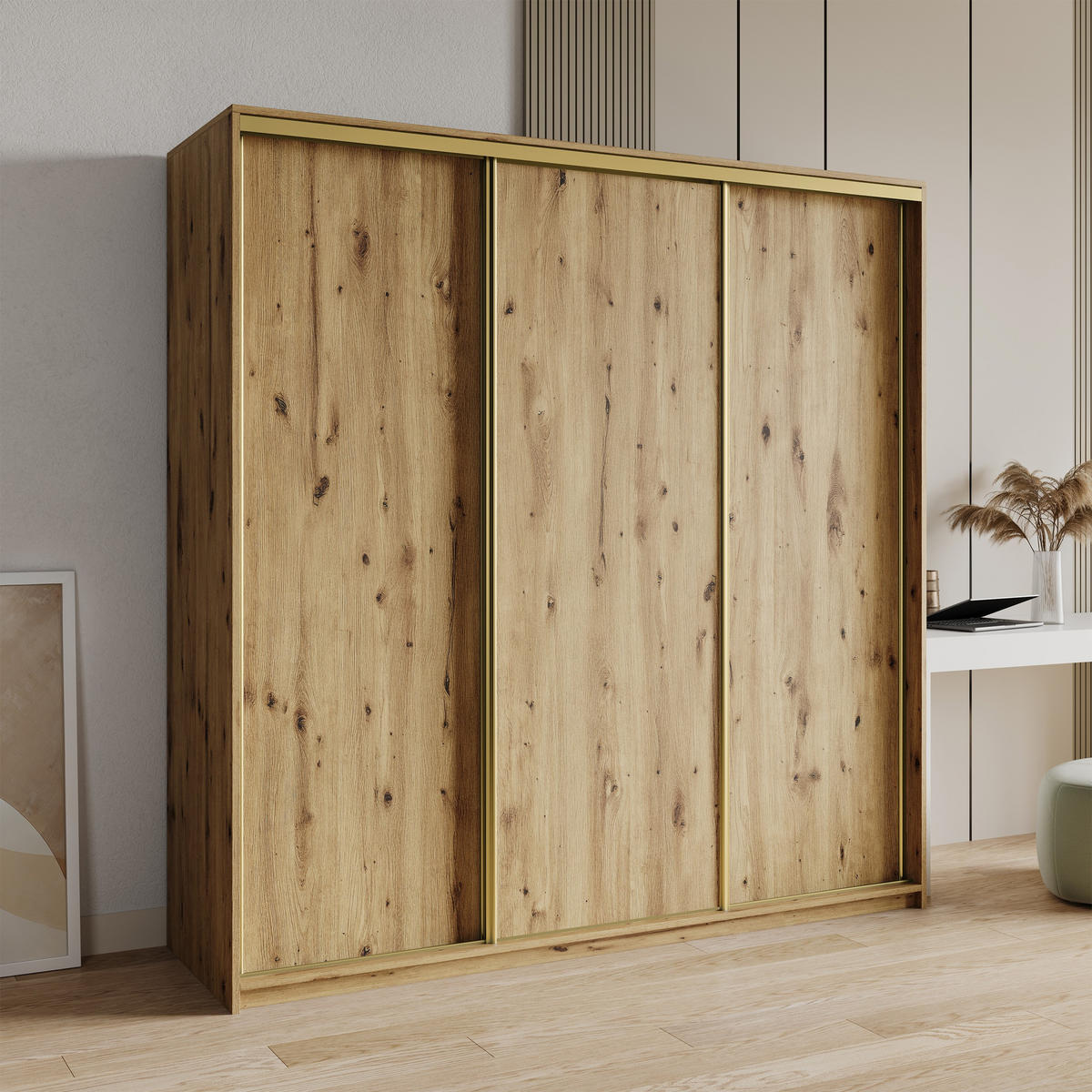 SCHWEBETÜRENSCHRANK NISSE 180/205/60 cm 3-türig mit Schubladen Eiche Artisan - Goldfarben/Eiche Artisan, Holzwerkstoff (180/205/60cm) - MASSENO