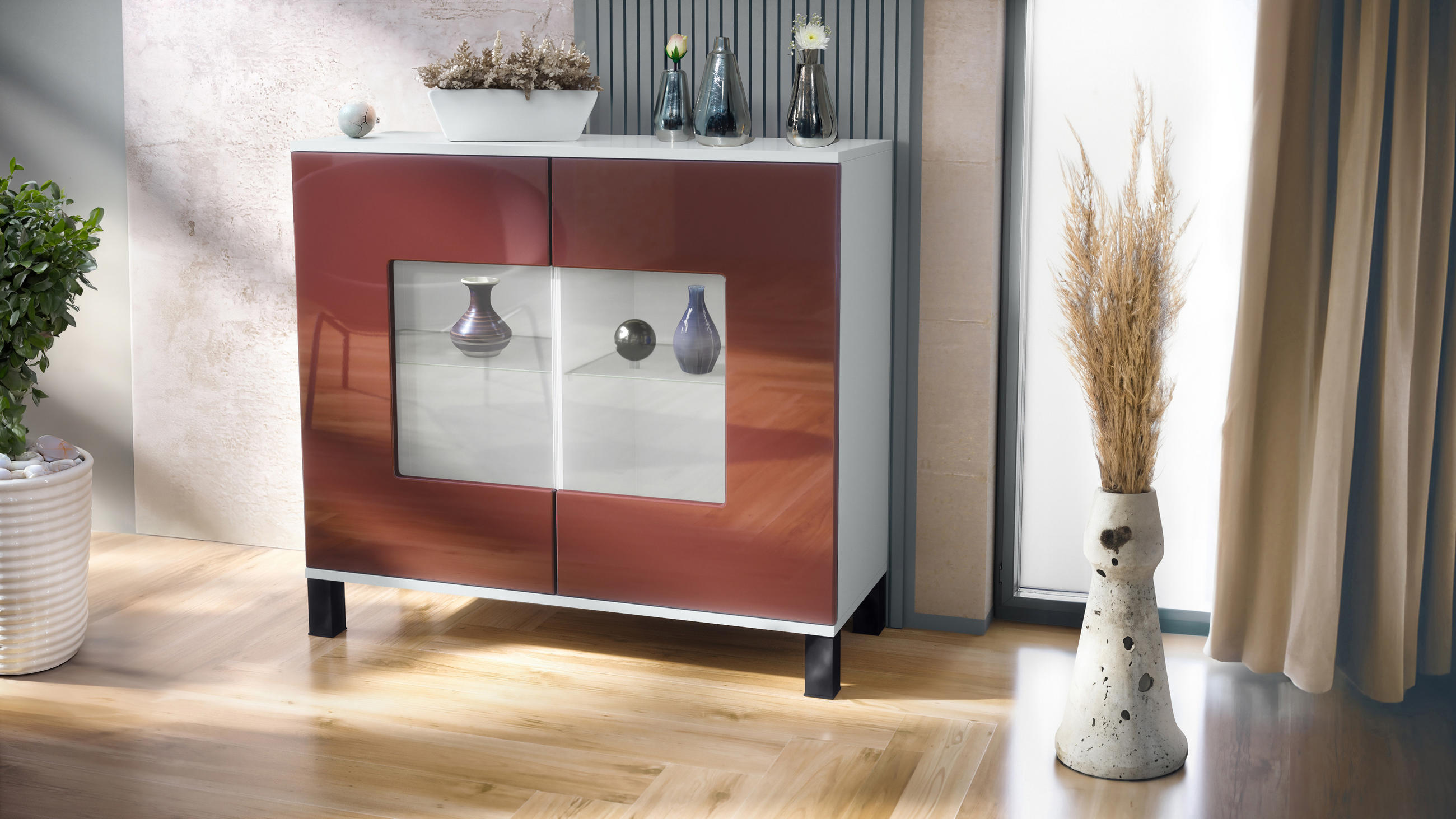 KOMMODE Grömitz Bordeaux Hochglanz - Bordeaux, Holzwerkstoff (92.5/84.5/35cm) - Vladon