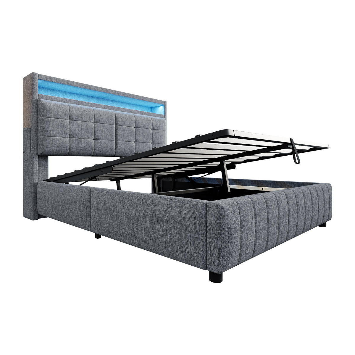 STAURRAUMBETT 160/200 cm DE-01955, in Grau, mit LED, USB und hydraulischem Stauraum - Grau, Metall (160/200cm) - ComfortXL