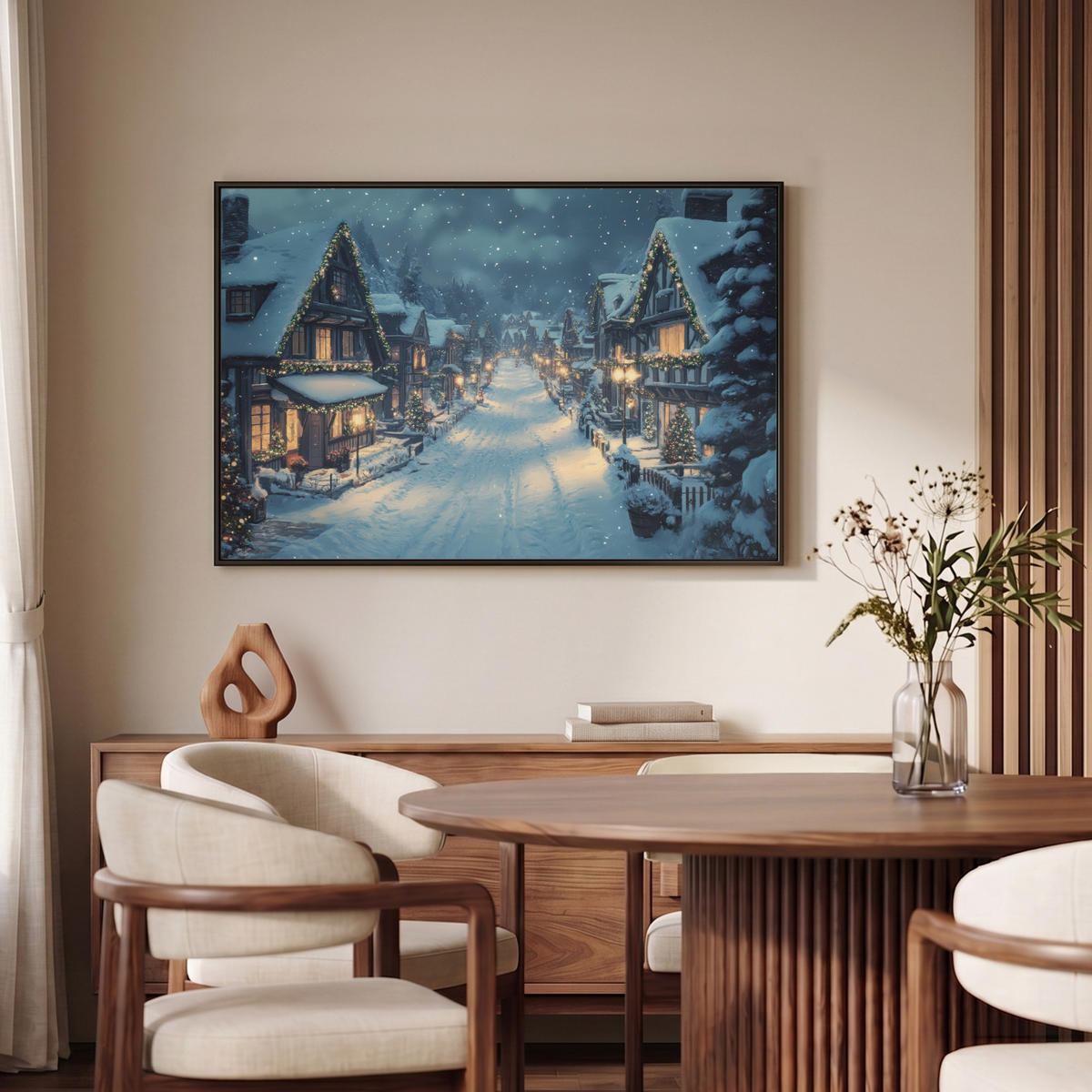 LEINWAND Bilder mit Rahmen - Weihnachtsdorf - Weihnachten - Schnee - Winter - 90x60 - Dunkelblau, Textil (90/60cm) - MuchoWow