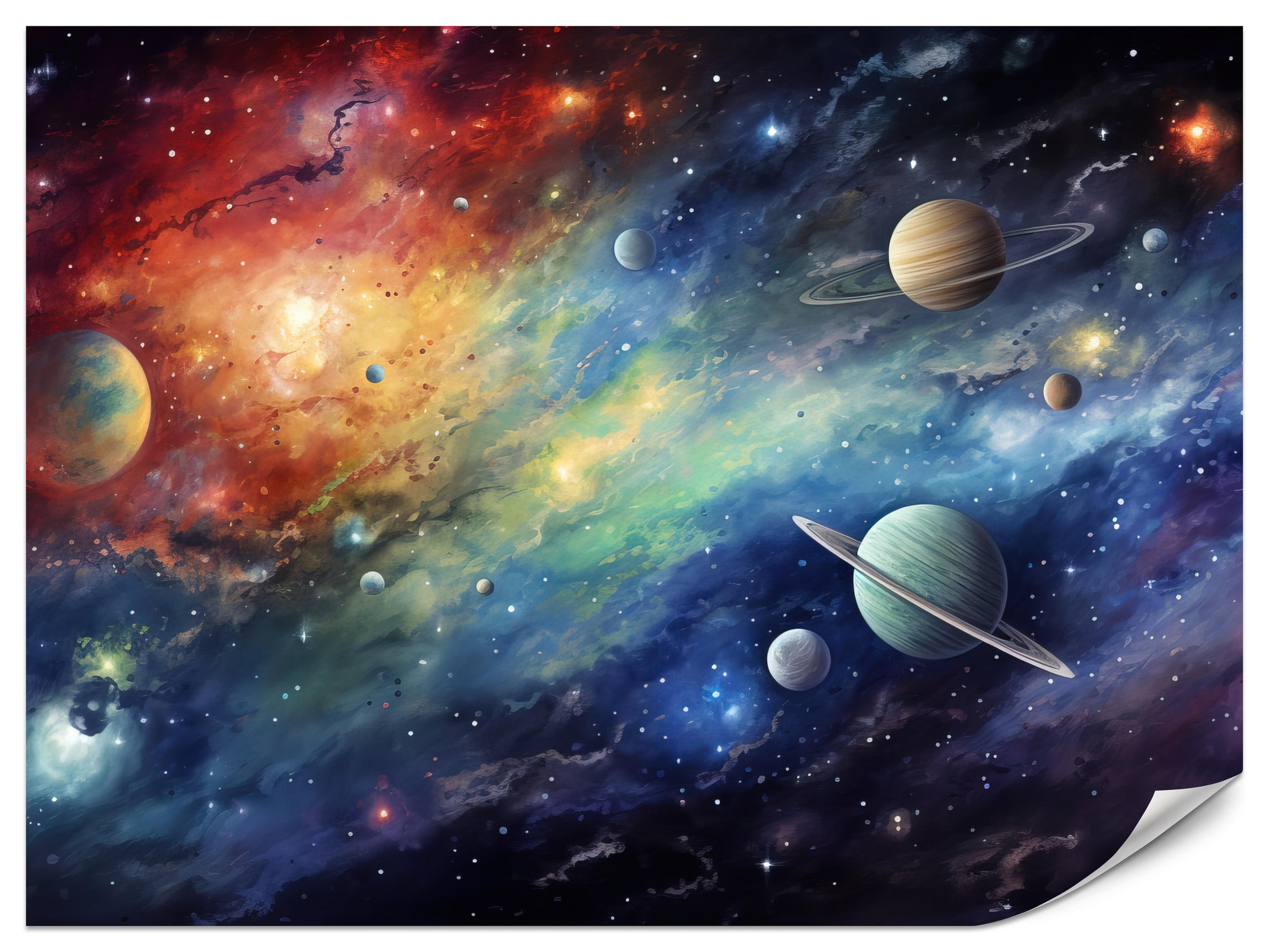 FOTOTAPETE für Jugendzimmer Aquarell Galaxie Planeten Sterne 200x140 - Blau/Gelb, Papier (200/140cm) - Muralo