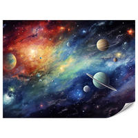 FOTOTAPETE für Jugendzimmer Aquarell Galaxie Planeten Sterne 450x315 - Blau/Gelb, Papier (450/315cm) - Muralo