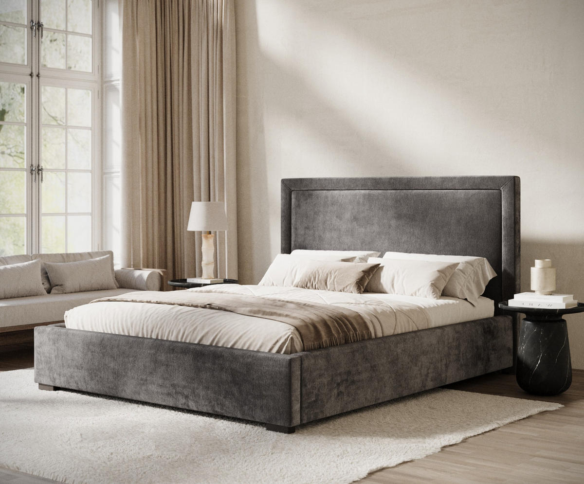 POLSTERBETT Ordina Dunkelgrau 140/200 cm im Chenille-Stoff - Dunkelgrau/Schwarz, Holz/Holzwerkstoff (140/200cm) - Maison de Reve