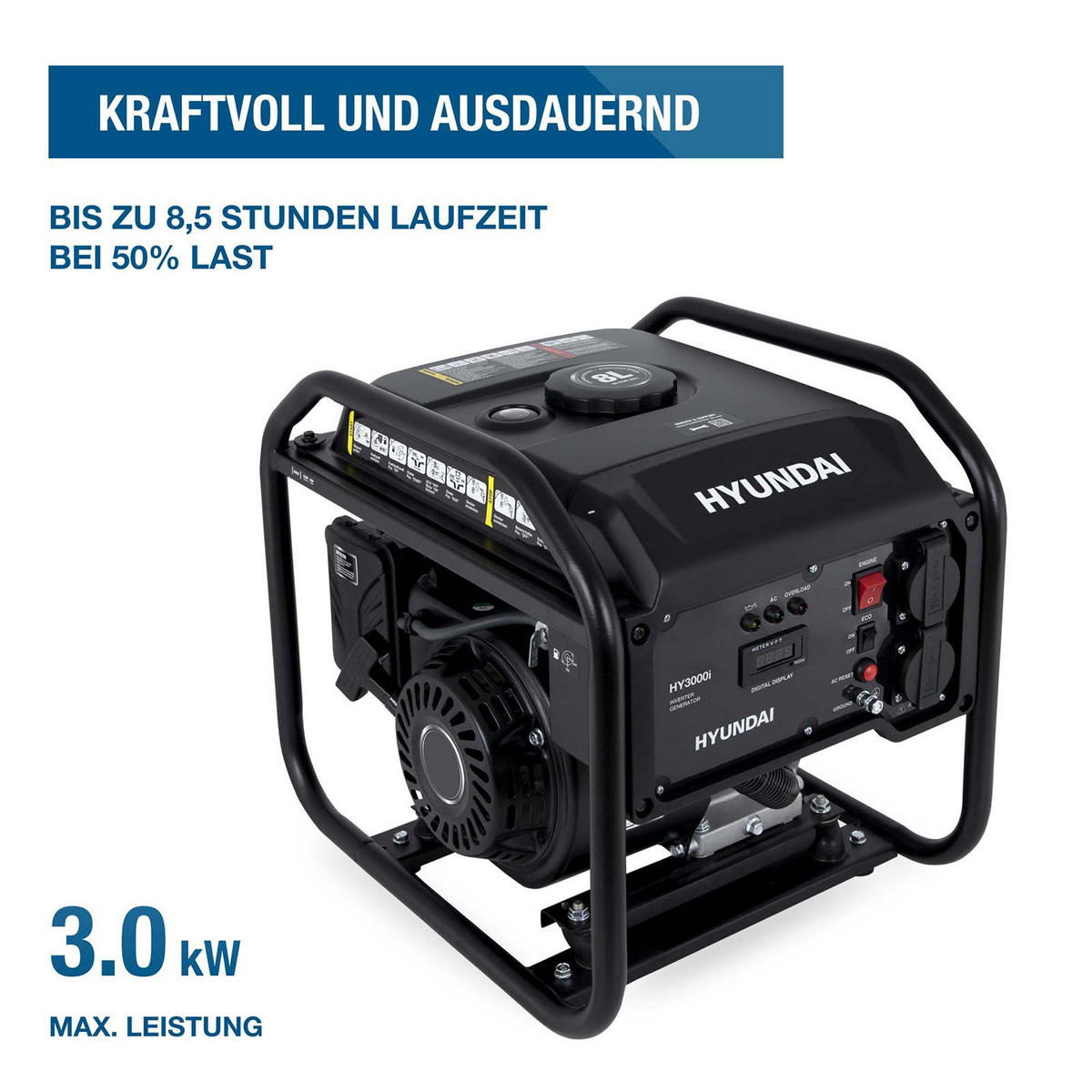 INVERTER-GENERATOR HY3000i (3.0 kW, tragbar, 2 x 230V) - Schwarz, Metall (46.3/35.5/42.5cm) - HYUNDAI