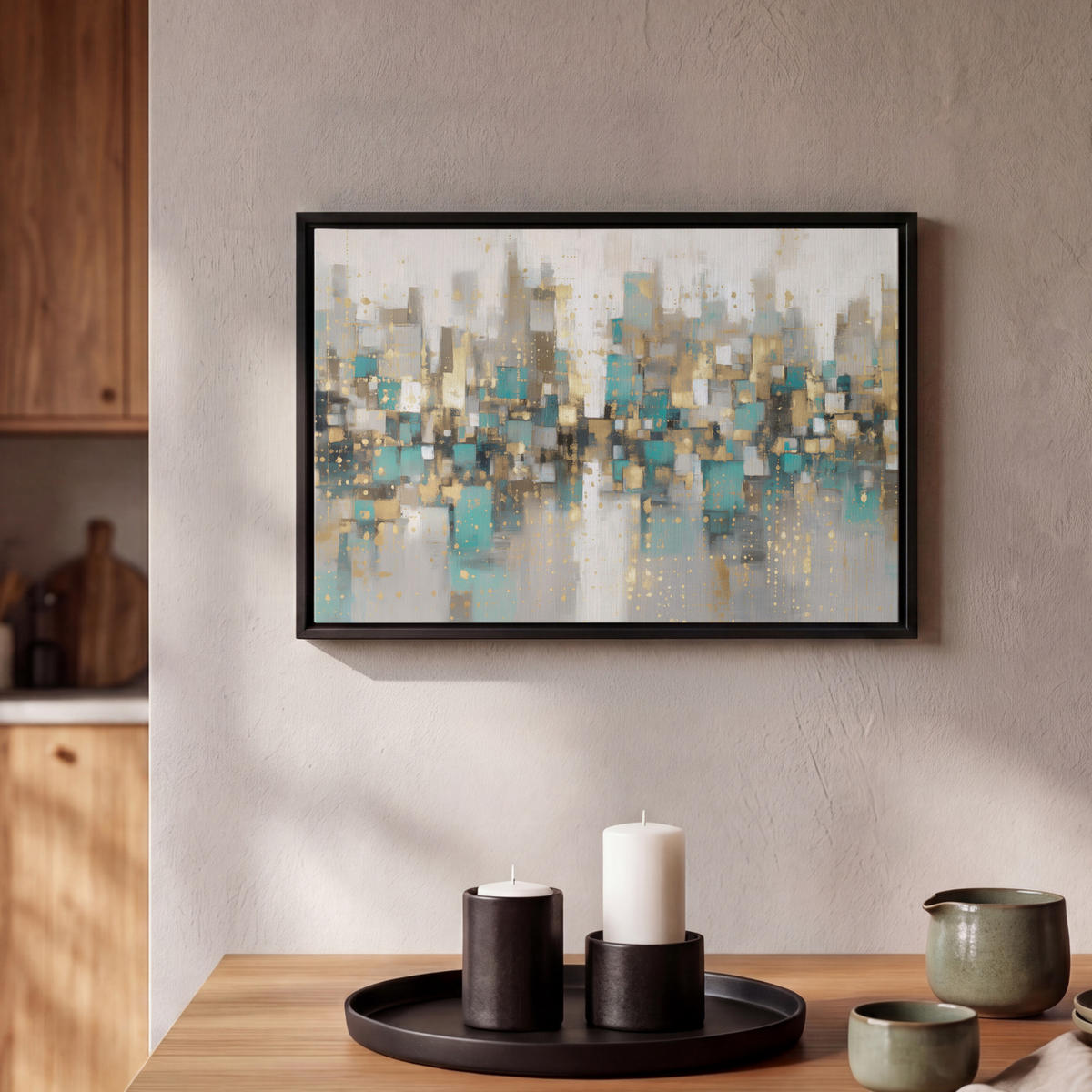 LEINWAND Bilder mit Rahmen - Abstrakt - Blöcke - Gold - Skyline - 30x20 - Beige, Textil (30/20cm) - MuchoWow