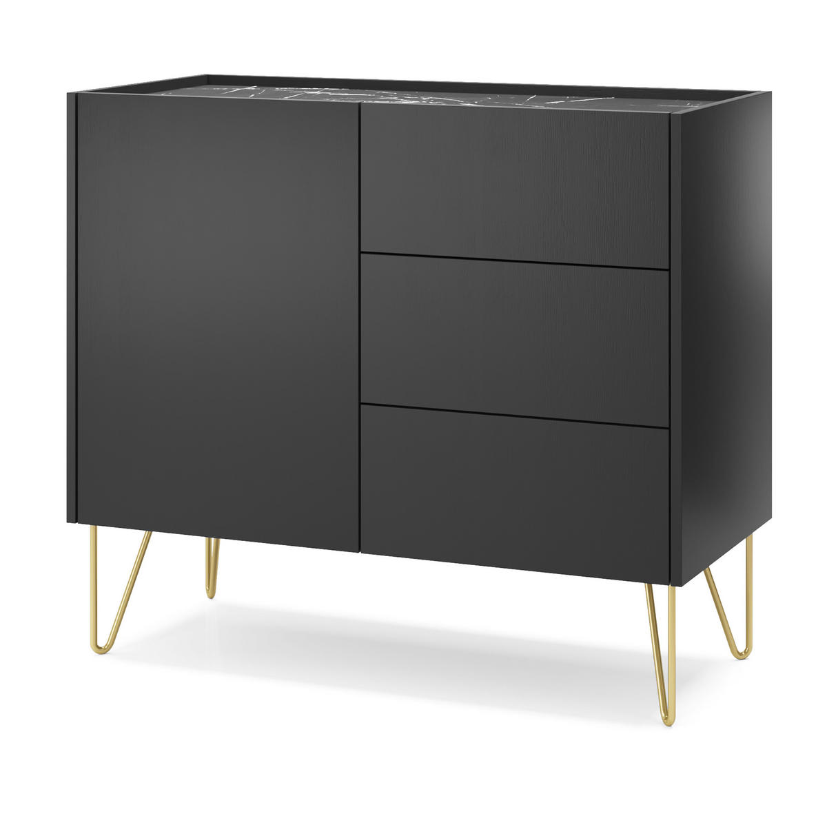 KOMMODE ARMONIA 97/83/37 cm mit 3 Schubladen 1 Türen Schwarz - Schwarz, Holzwerkstoff (97/83/37cm) - MASSENO