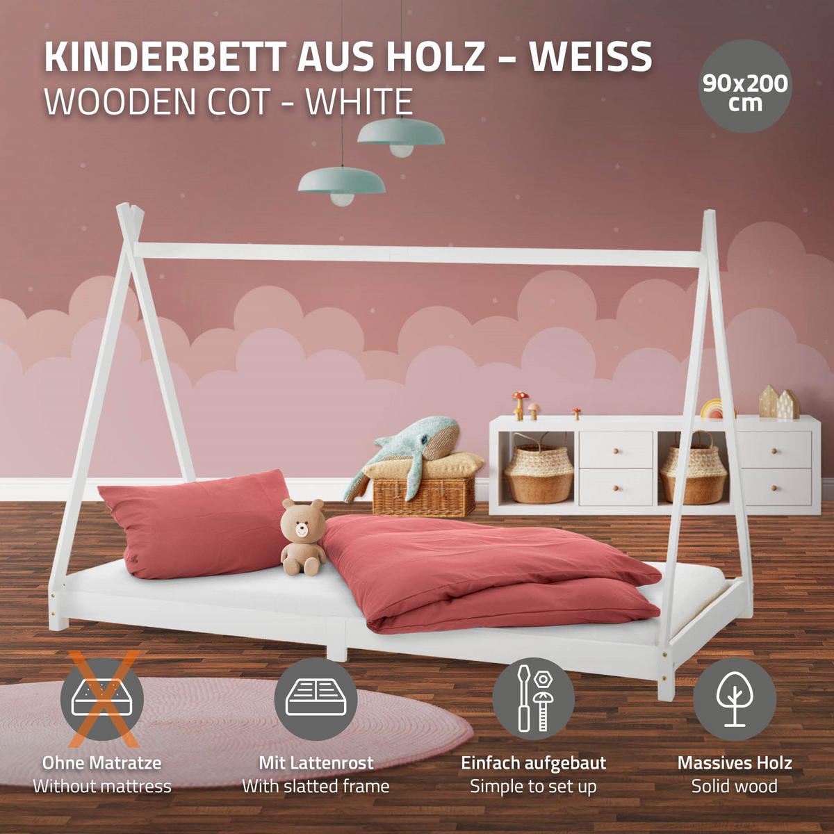 KINDERBETT Tipi 90x200 cm Weiß - Weiß, Holz (90/200cm) - ML-DESIGN
