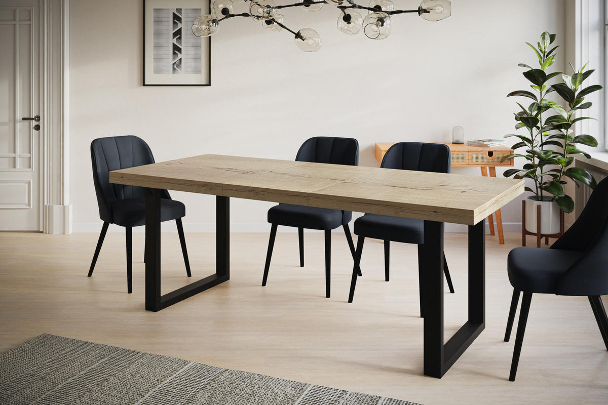ESSZIMMERTISCH LOFT-U, ausziehbarer Tisch 140-240X80X77 cm, Farbe: HALIFAX, mit Metallbeinen in Farbe Schwarz - Schwarz/Naturfarben, Holzwerkstoff (140/80/77cm) - Alpi-Möbel