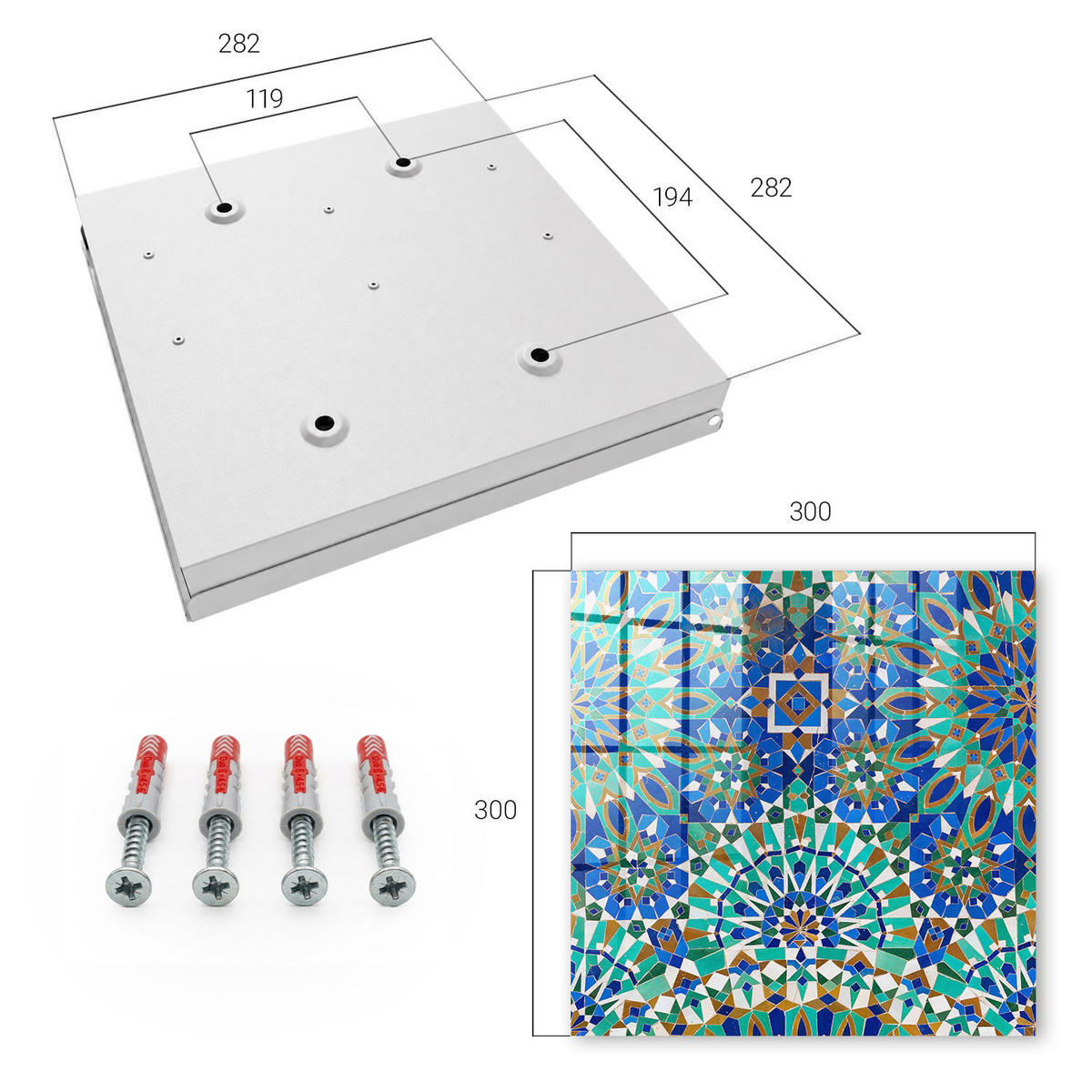 SCHLÜSSELBOX Weiß 30x30 cm – Türöffnung nach rechts - Geometrisches Mosaik - Blau, Metall (30/30/5cm) - TULUP