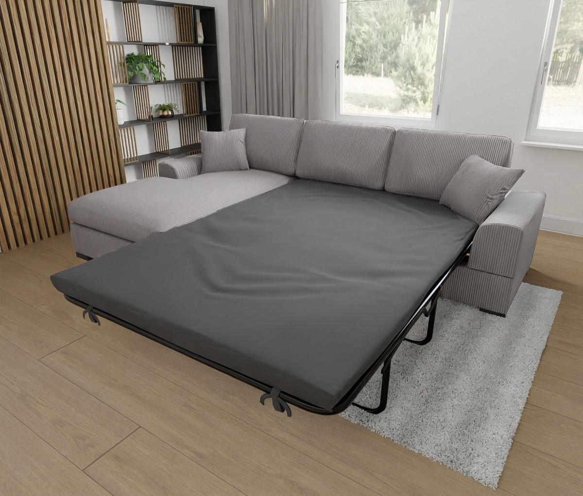 ECKSOFA Saga Hellgrau Cord - Hellgrau/Schwarz, Holz/Buchenholz (306/184cm) - S-Style Möbel