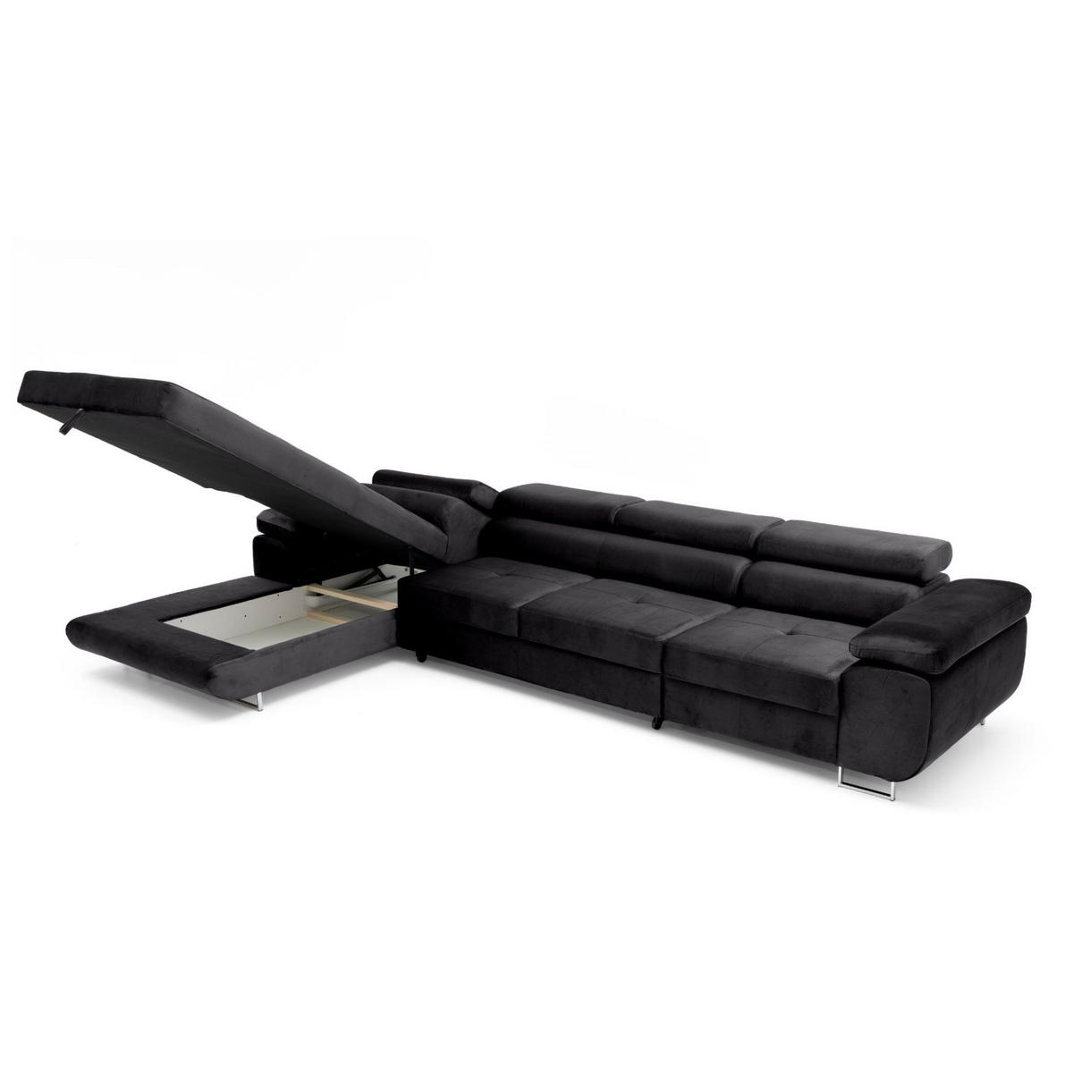 ECKSOFA ALONZO MAXI Links mit Schlaffunktion 125x195 Velours Schwarz - Silberfarben/Schwarz, Holz/Textil (350/203cm) - Muffo
