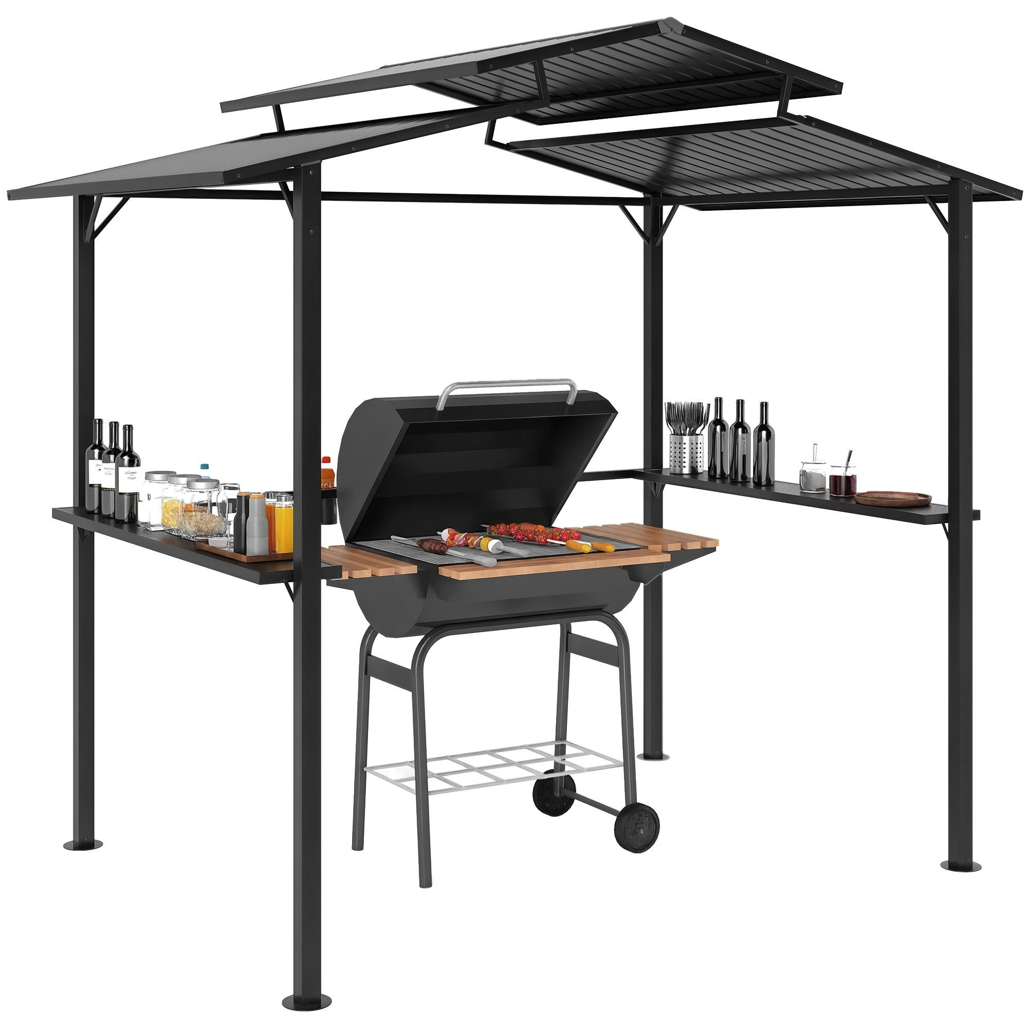 GRILLPAVILLON 250 x 160 x 250 cm wasserdicht Gartenpavillon mit Doppelschichtdach, Seitenregalen Schwarz - Schwarz, Metall (250/250/160cm)
