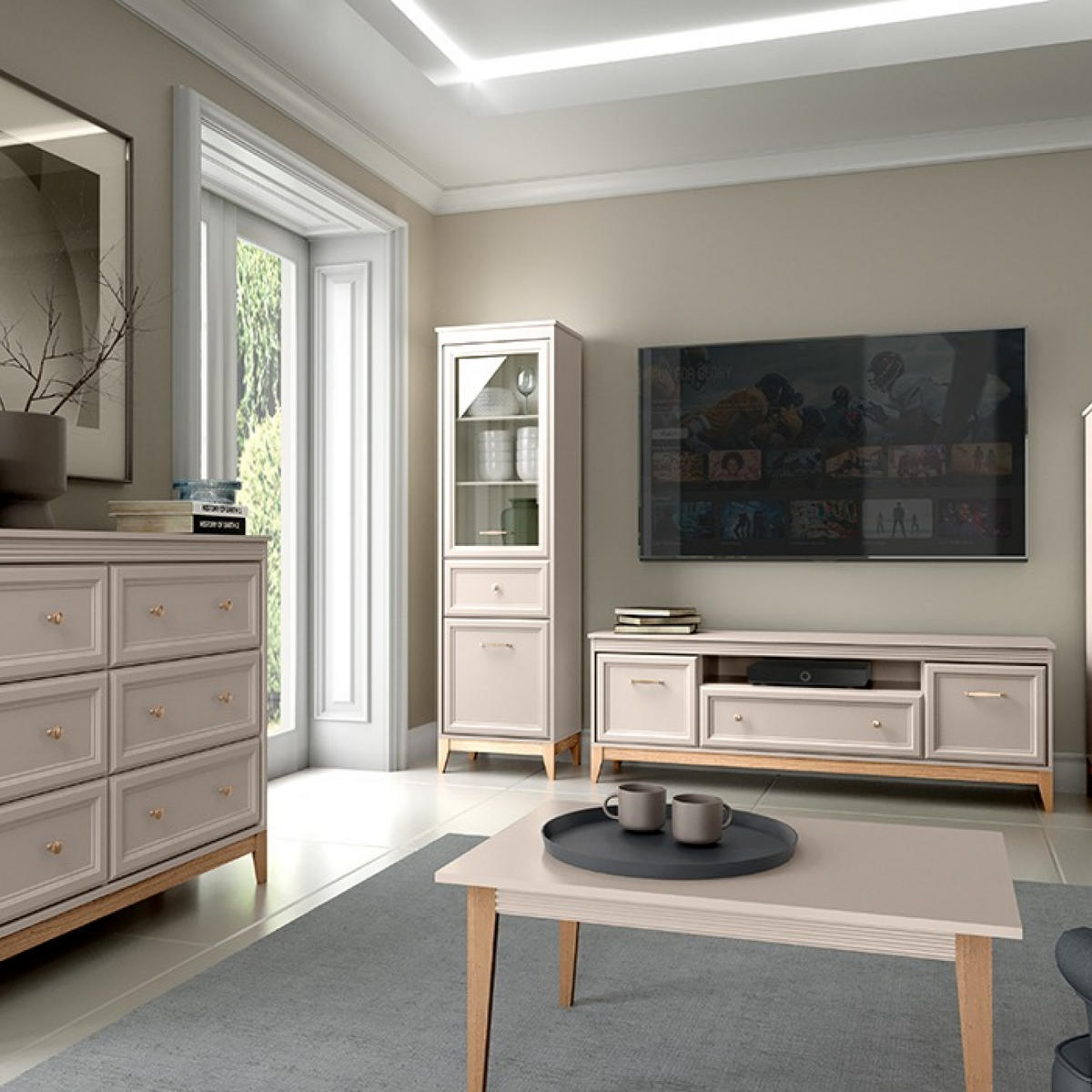VITRINE Windsor W-6 55 x 193 x 40,5 cm Kaschmir - Kaschmir/Eichefarben, Eichenholz/Holzwerkstoff (55/193/40.5cm) - Koseto