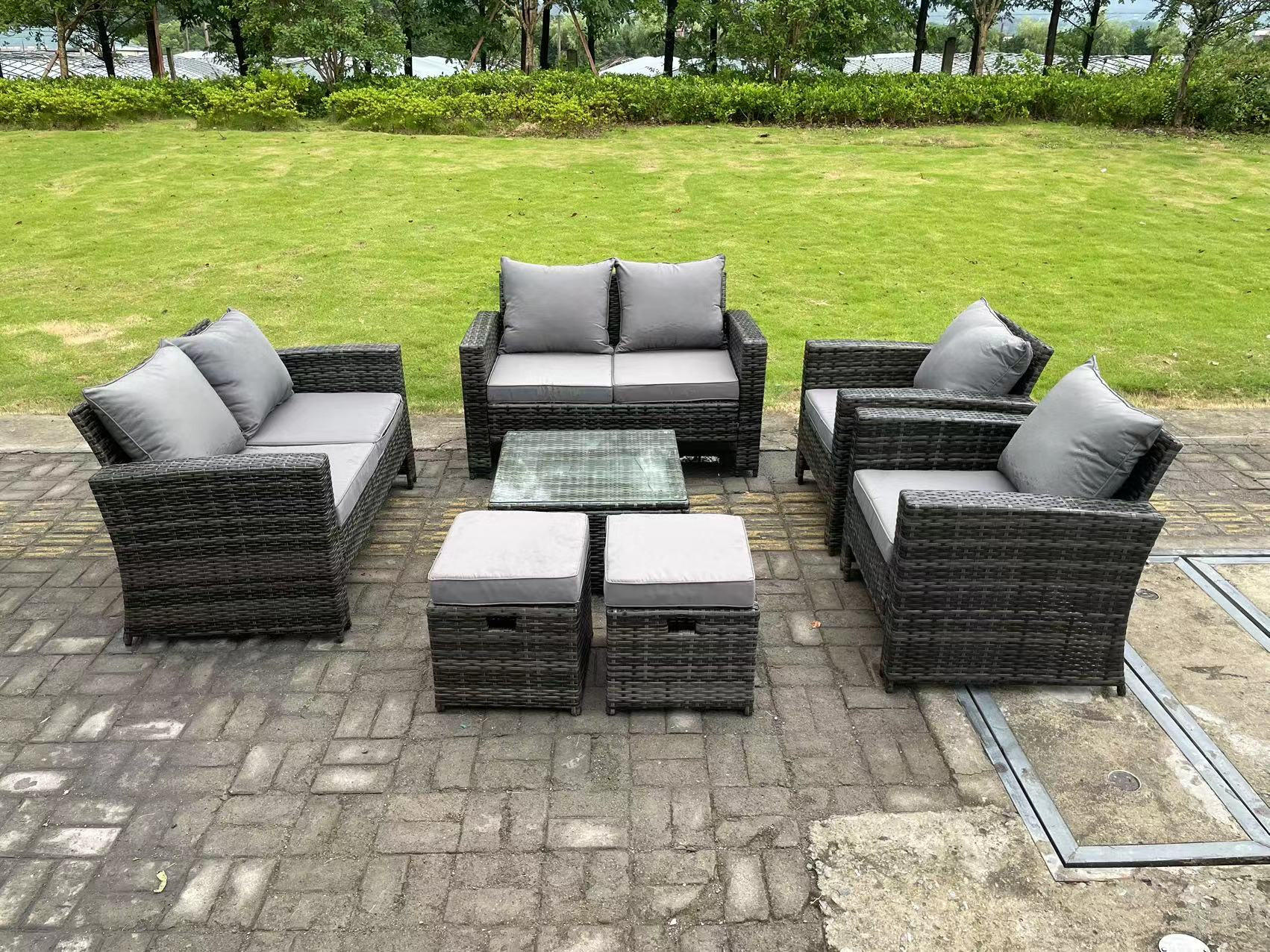 GARTENMÖBEL Set Polyrattan Dunkelgrau 8-Sitzer - Dunkelgrau, Metall - Fimous