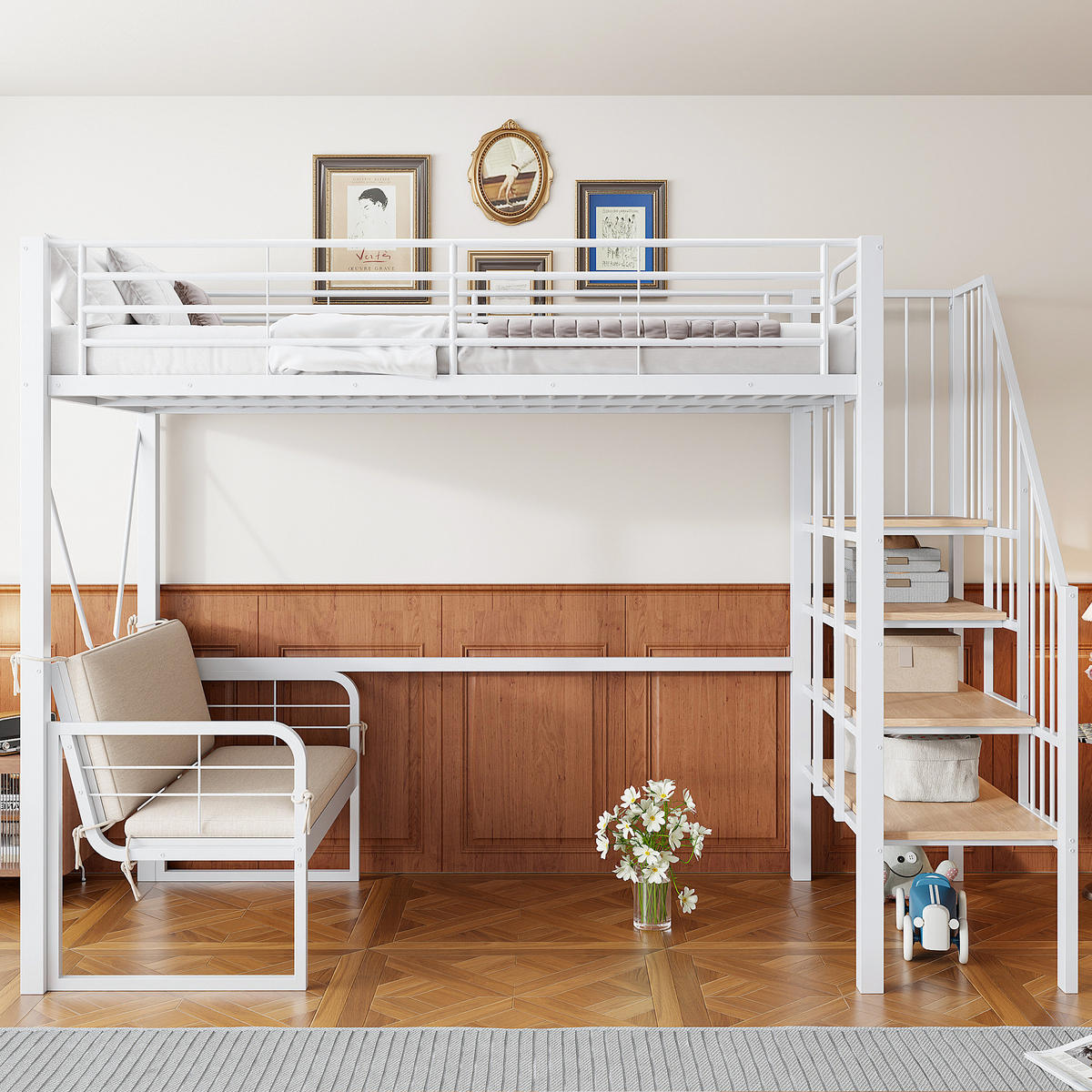 ETAGENBETT 90/200 cm mit abnehmbarem Polstersofa, Stauraumtreppe und Metall-Rahmen, Weiß - Weiß, Holzwerkstoff (90/200cm) - Redom