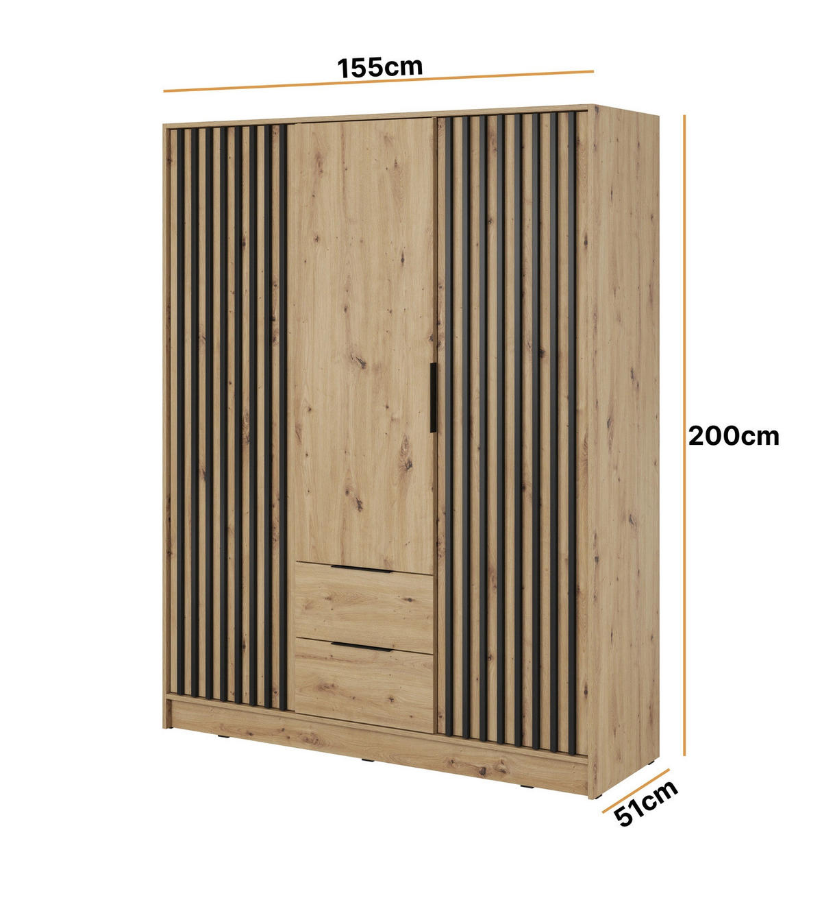 KLEIDERSCHRANK Stilo in Eiche Artisan, dreitürig, mit Spiegel und Lamellen an der Vorderseite - Schwarz/Eiche Artisan, Leder/Holzwerkstoff (155/200/51cm) - Ravio