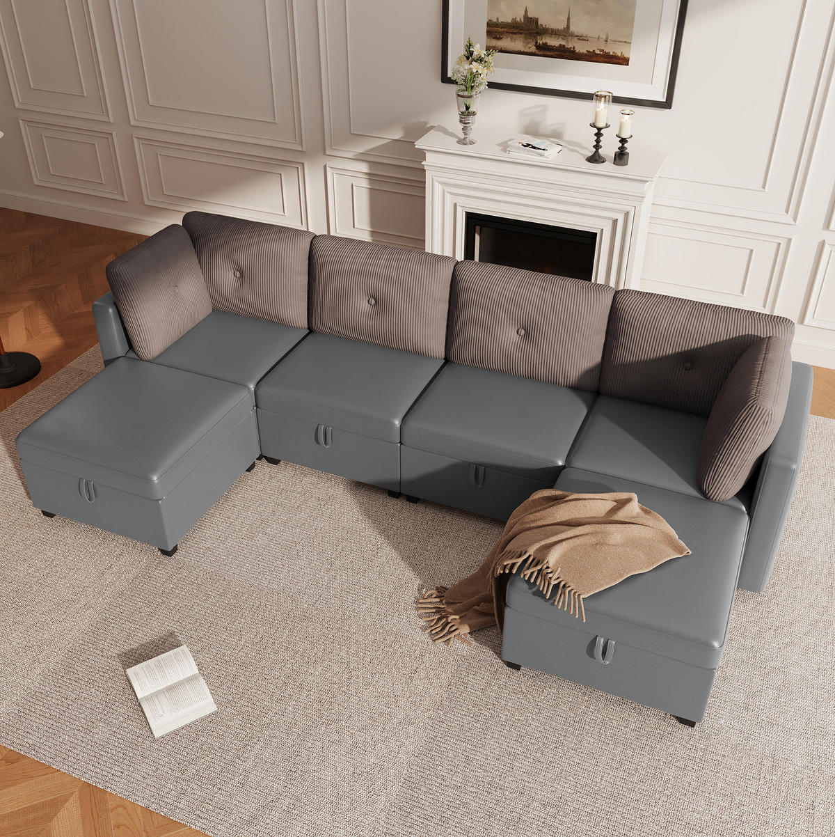 ECKSOFA aus Samt & Cord 261x132,5 cm in Antique Grey mit Stauraum - Grau, Textil (132.5/261cm) - Modfu