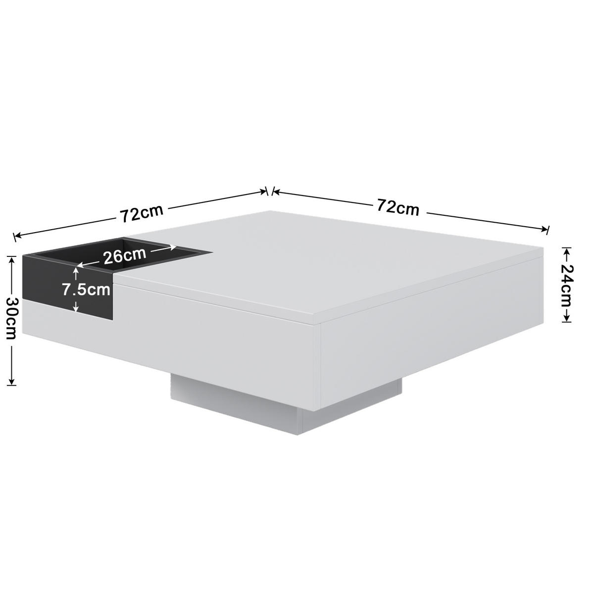 KLUB stolić, 72/72/30 cm, bijela/crna, s LED rasvjetom i kutijom za pohranu - bijela, drvni materijal (72/72/30cm) - BEAOK