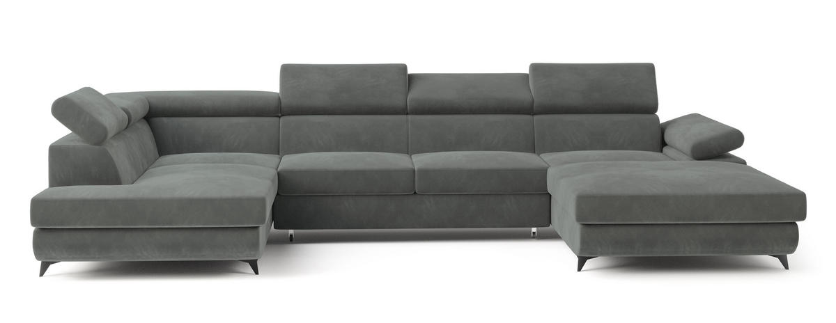 WOHNLANDSCHAFT RUBANO L-S Grau Velours-Stoff mit Schlaffunktion - Grau, Holz (339/89/190cm) - MASSENO