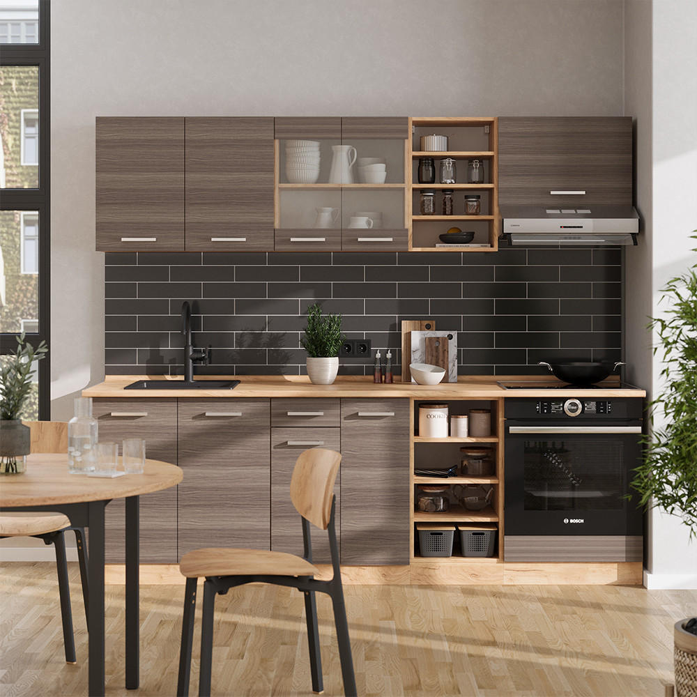 KÜCHENZEILE R-Line Edelgrau/Goldkraft Eiche 240 cm ohne Arbeitsplatte - Eiche Wotan/Braun, Holzwerkstoff (240/81.6/46cm) - Vicco