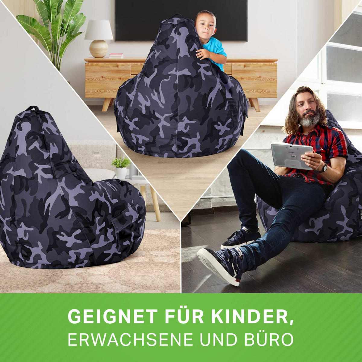 SITZSACK + Hocker "Cozy+Cube" 2er Set - Multicolor, Textil (70/90/80cm) - Green Bean