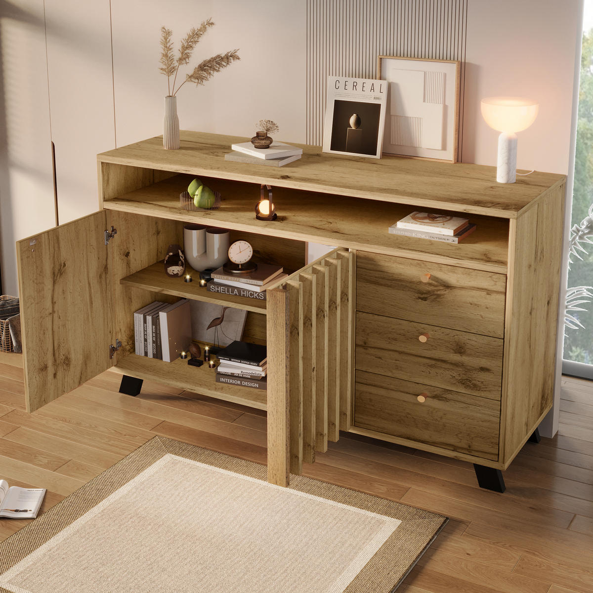 SIDEBOARD in Eichefarben mit Schubladen und offenem Fach für Wohnzimmer, B120/T40/H85 cm - Eichefarben/Schwarz, Holzwerkstoff (120/85/40cm) - STILVORA