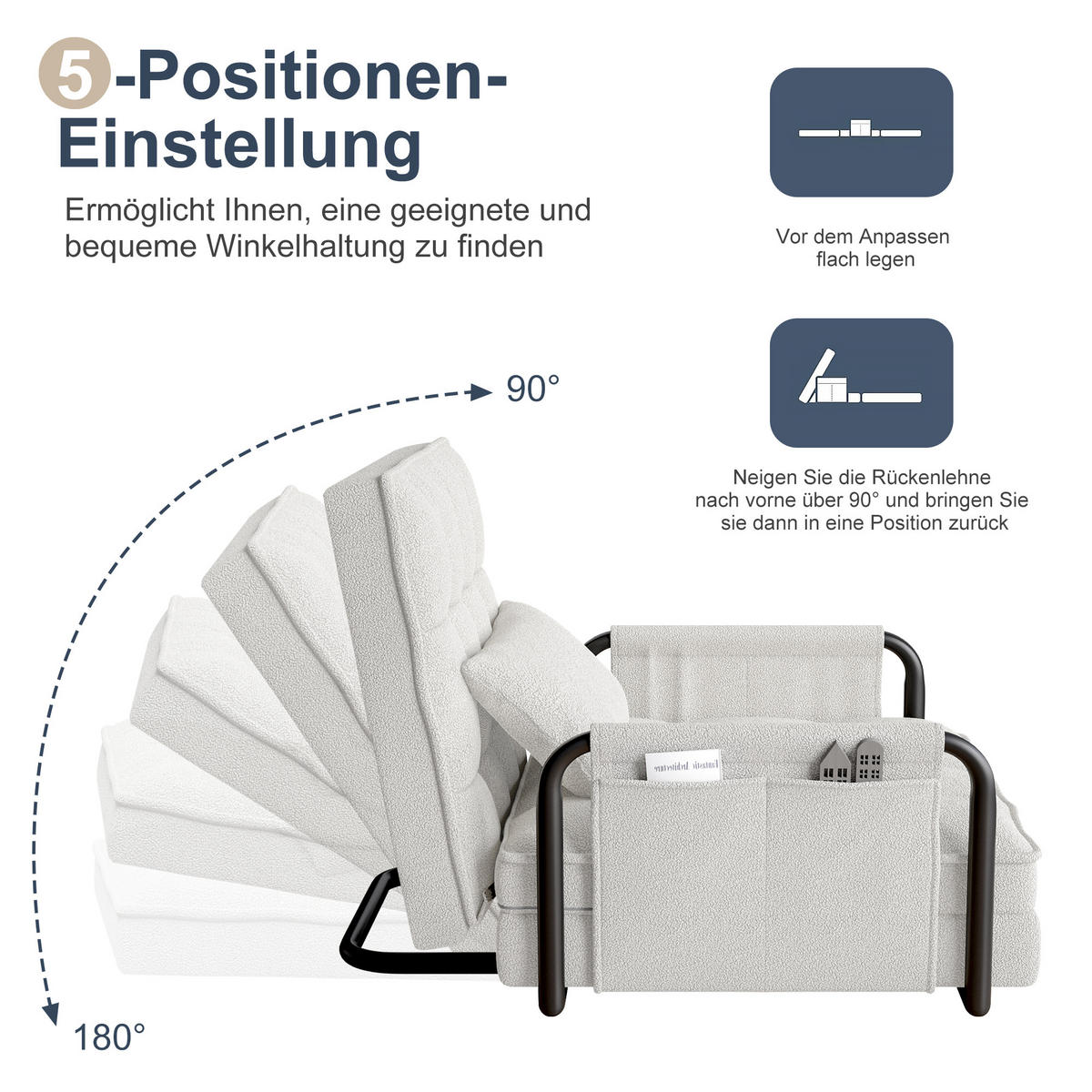 SCHLAFSOFA 5-fach verstellbar, Multifunktional, Beige Bouclé-Stoff - Beige, Holz (78/55/180cm)