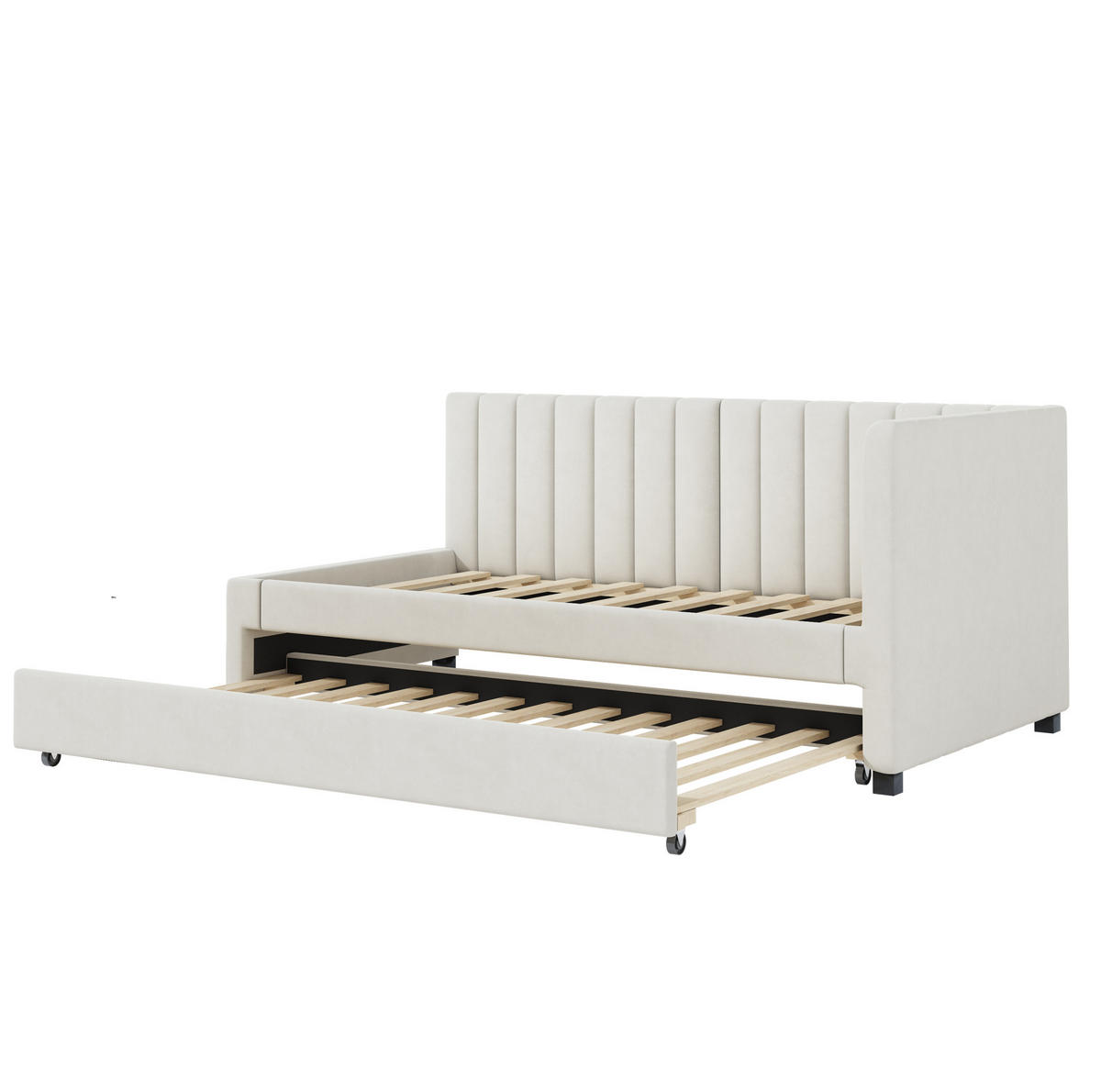 BETT aus Samtstoff 90x200 cm Beige mit Ausziehbett, Lattenrost und gepolstertem Kopfteil - Beige, Leder (140/200cm) - Modfu
