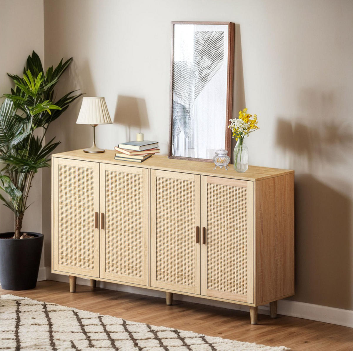 SIDEBOARD 158/40/88 cm in Natur mit 4 Rattantüren und verstellbarem Einlegeboden - Naturfarben, Holzwerkstoff (158/88/40cm) - Flora Grace