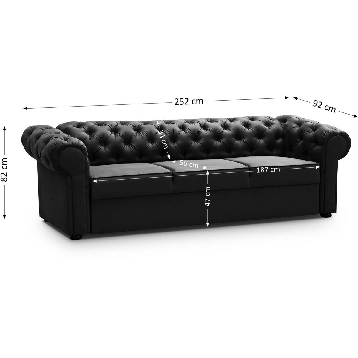 SCHLAFSOFA Chester 3-Sitzer, im Chesterfield-Stil, Schwarz - Wengefarben/Schwarz, Textil (252/82/92cm) - Beautysofa