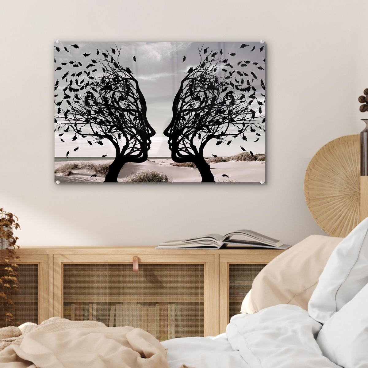 ACRYLGLASBILD Strand - Meer - Menschen - Baum - Moderne Kunst 60x40 cm - Hellgrau, Glas (60/40cm) - MuchoWow