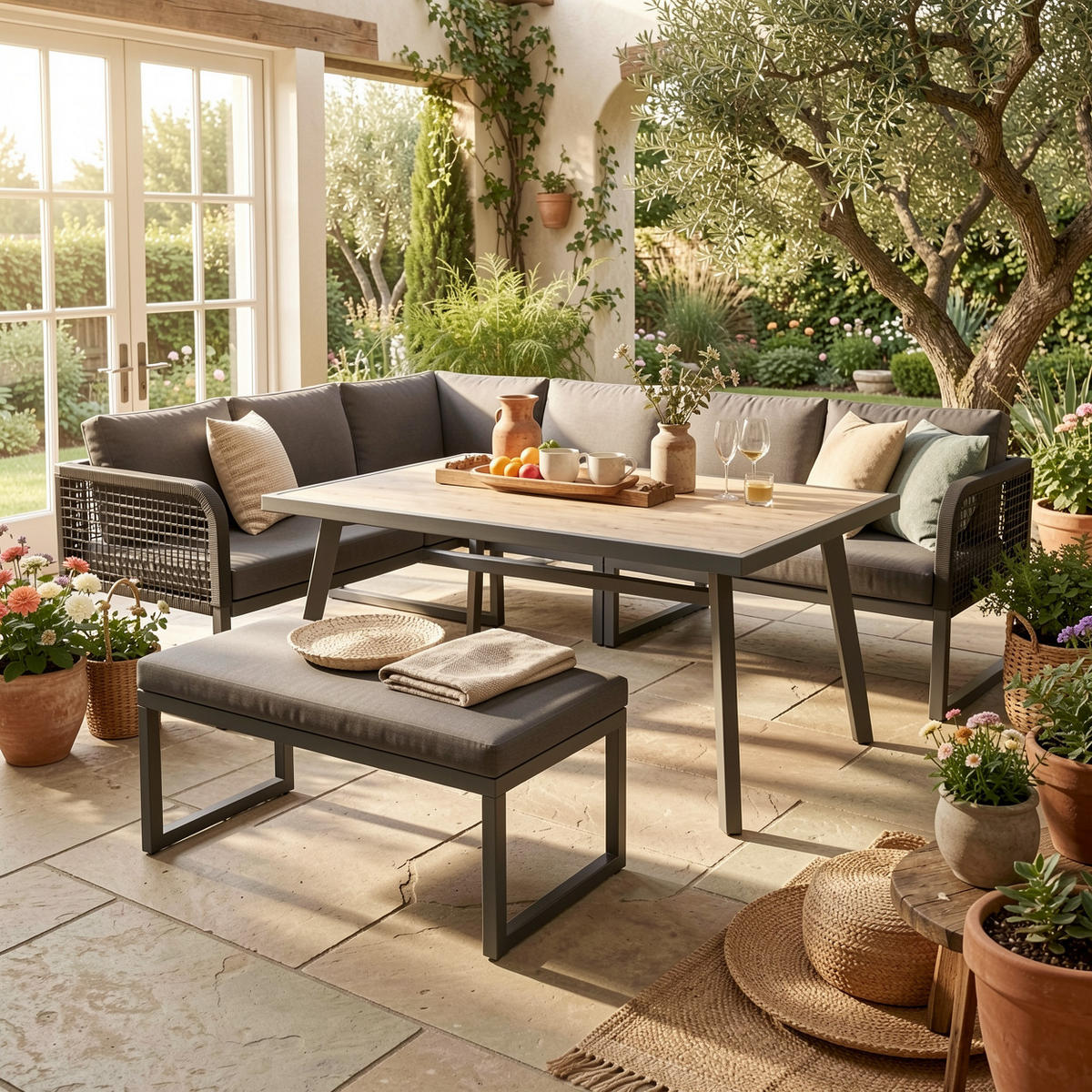 LOUNGEGARNITUR 6-tlg. PE-Rattan Grau Ecksofa mit Tisch & Bank für Terrasse - Grau, Textil - Urban Meuble