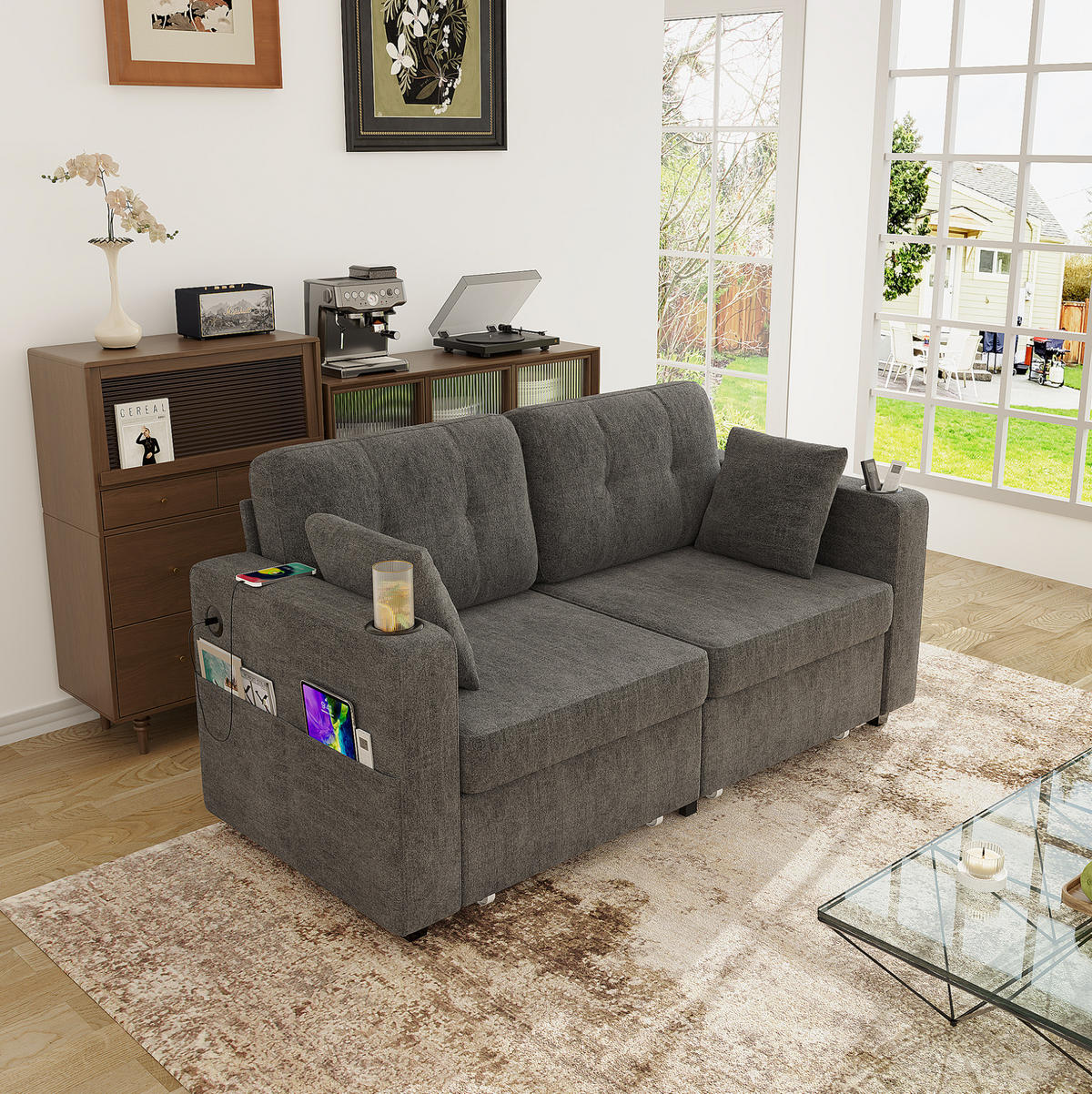2-SITZER aus Chenille 172x75x82 cm in Grau mit USB-Anschlüssen & Stauraum - Grau, Textil (75/82/172cm) - Modfu