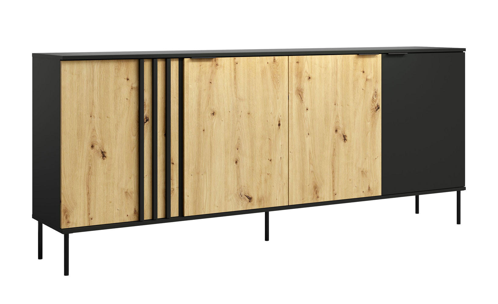 SIDEBOARD Rodgau Schwarz / Eiche Artisan 220 / 40 / 92cm - Multicolor/Schwarz, Holz/Holzwerkstoff (220/92/40cm) - Feldmann-Wohnen