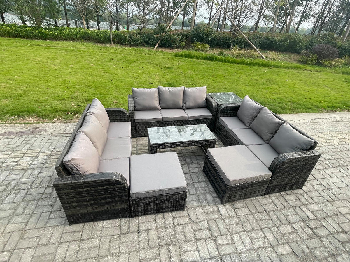 GARTENSOFA SET mit rechteckigem COUCHTISCH Polyrattan 11-Sitzer Dunkelgrau - Dunkelgrau/Grau, Glas/Kunststoff - Fimous