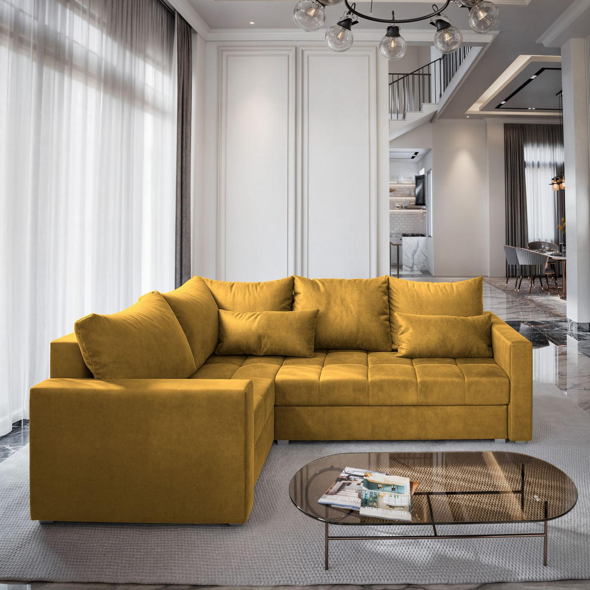 ECKSOFA LIRENO R-S Gelb Plüsch-Stoff mit Schlaffunktion - Gelb, Holz (220/153cm) - MASSENO