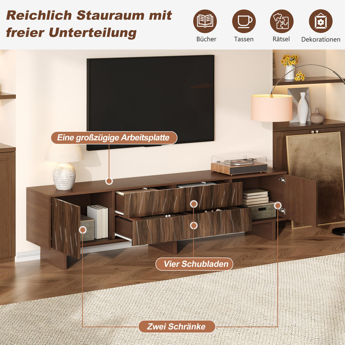 TV-LOWBOARD 180x40x56 cm Nussbaum 4 Schubladen 2 Türen Wellen - Walnussfarben, Holzwerkstoff (40/56/180cm) - FLIEKS