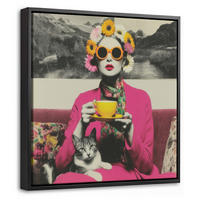 LEINWAND Bilder mit Rahmen - Frau - Katze - Blumen - Tasse - Retro - 20x20 - Magenta, Textil (20/20cm) - MuchoWow