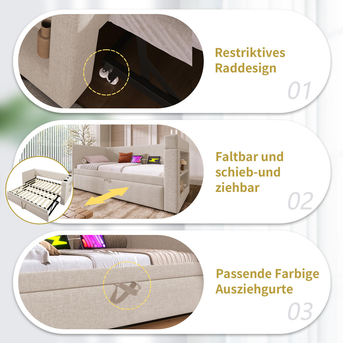 TAGESBETT 90x190cm Einzelbett Schlafsofa Ausziehbett USB-C & Halter Beige - Beige, Holz (90/190cm) - FLIEKS