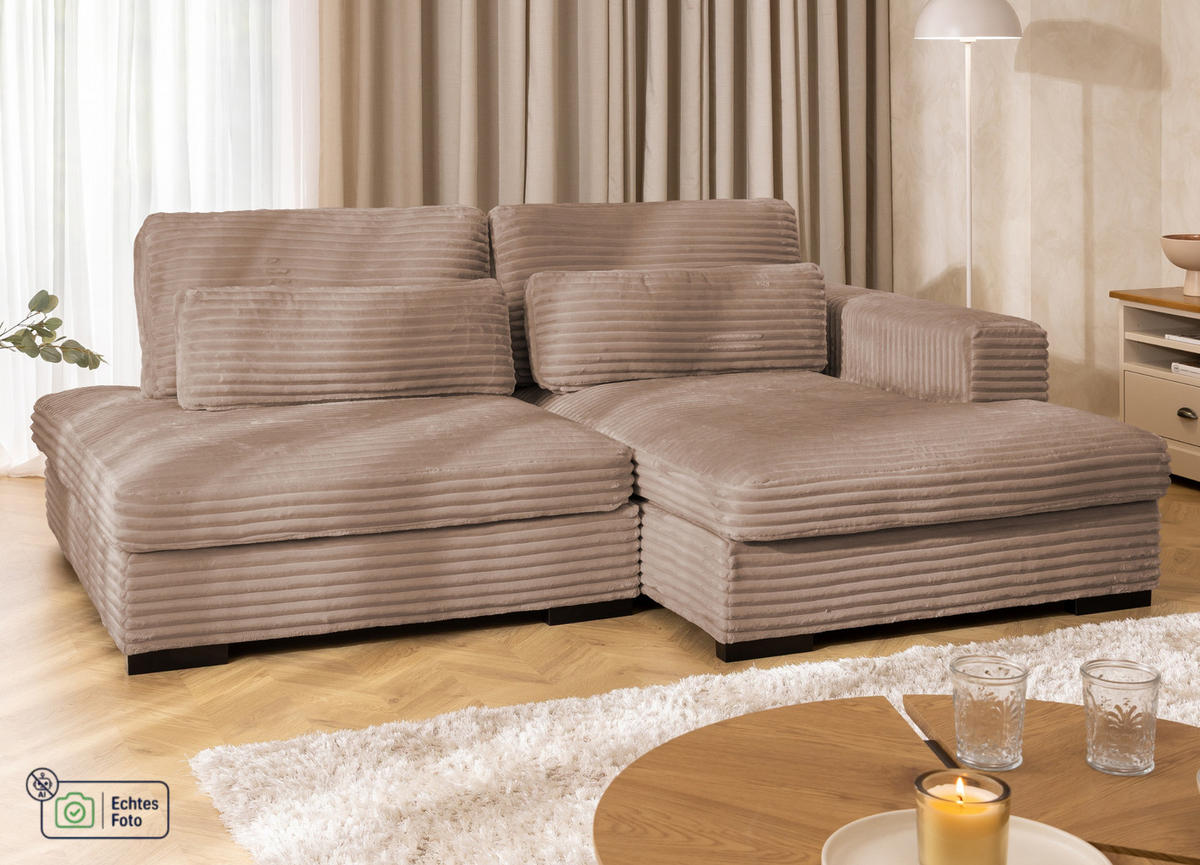 ECKSOFA Wolke mit tiefer Sitzfläche, Schlaffunktion und praktischem Bettkasten aus weichem Beige Cordstoff - Schwarz/Cappuccino, Holz/Kunststoff (225/162cm) - S-Style