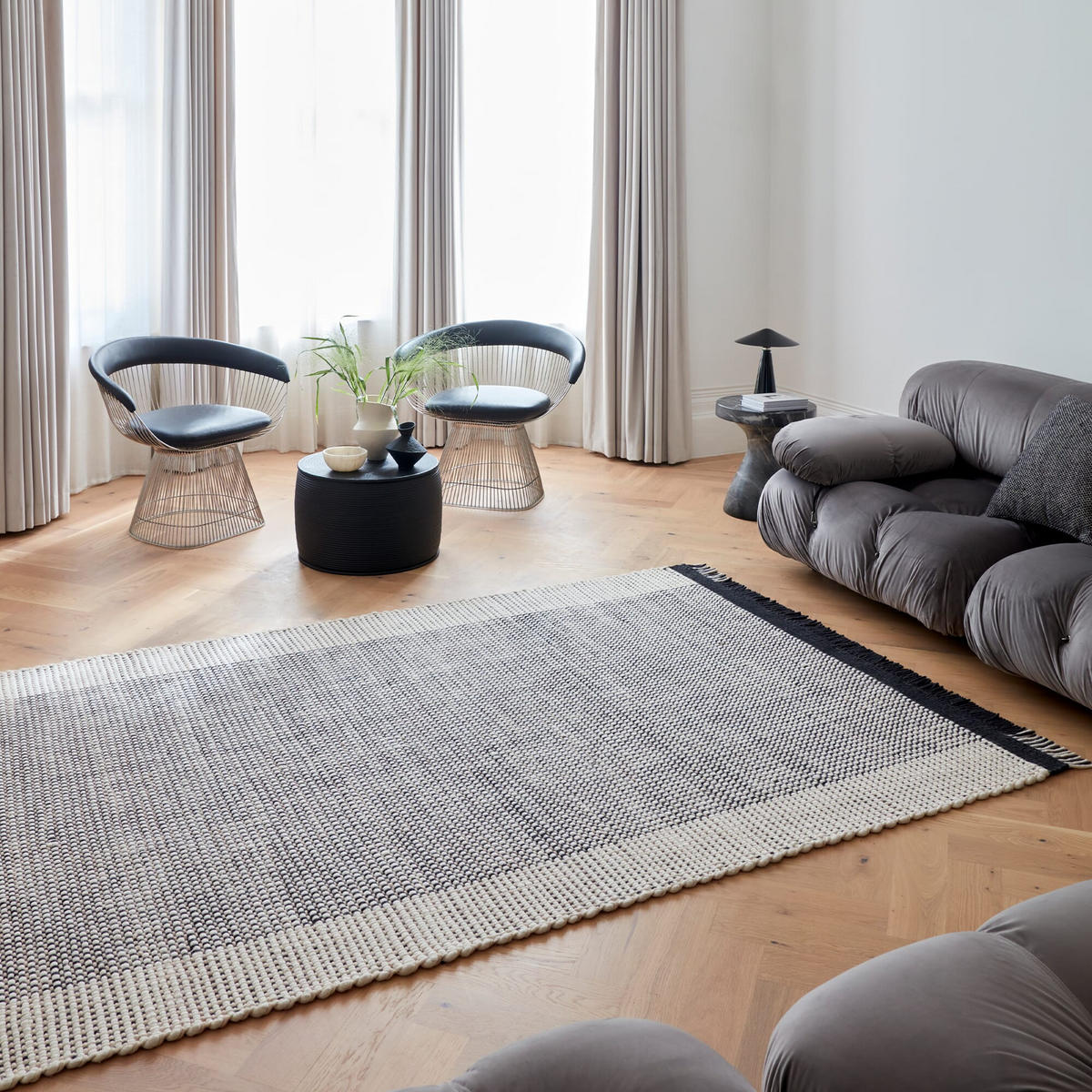TEPPICH Wolle handgewebt mit Korbmuster Fransen PISA, Schwarz-Weiß 120x170 cm - Schwarz, Textil (120/170cm) - KADIMA DESIGN