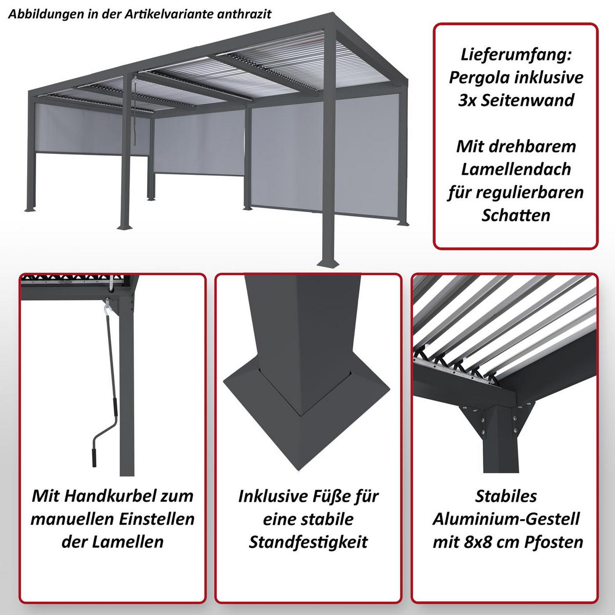 ALU PERGOLA MIT SEITENWAND Anthrazit - Anthrazit, Metall (590/224/306cm) - MCW